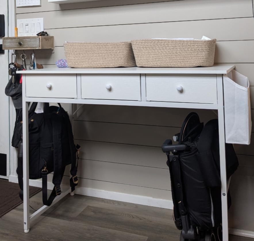 Lufeiya Small White Kids Desk with Drawers for Bedroom, 32 Inch Home Office Desks with Fabric Storage Drawer and Bag, Study Writing Vanity Table for Small Spaces, White customer photo 1