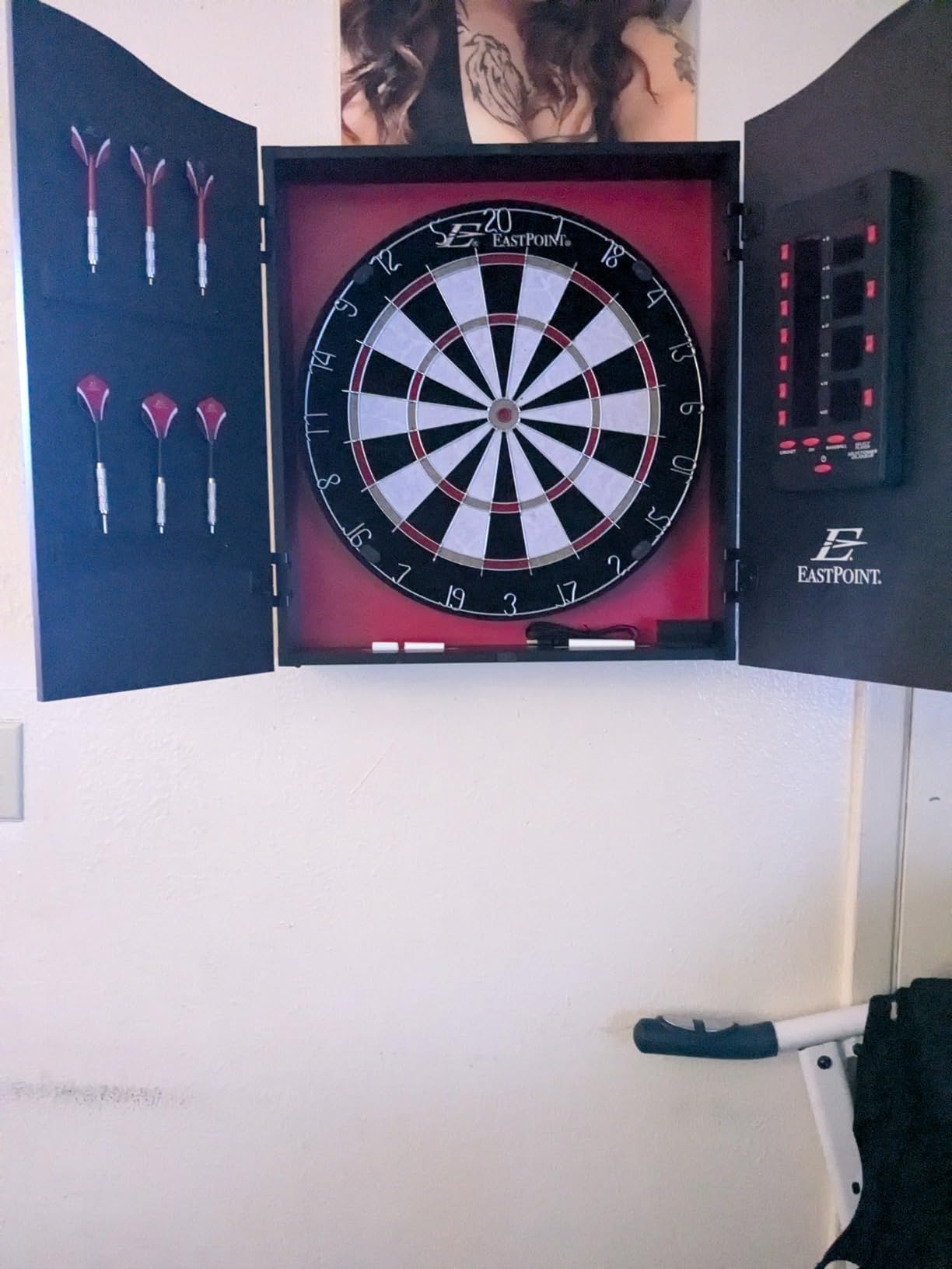 EastPoint Dart Board with Cabinet, Steel Tip Darts, Man Cave, 18