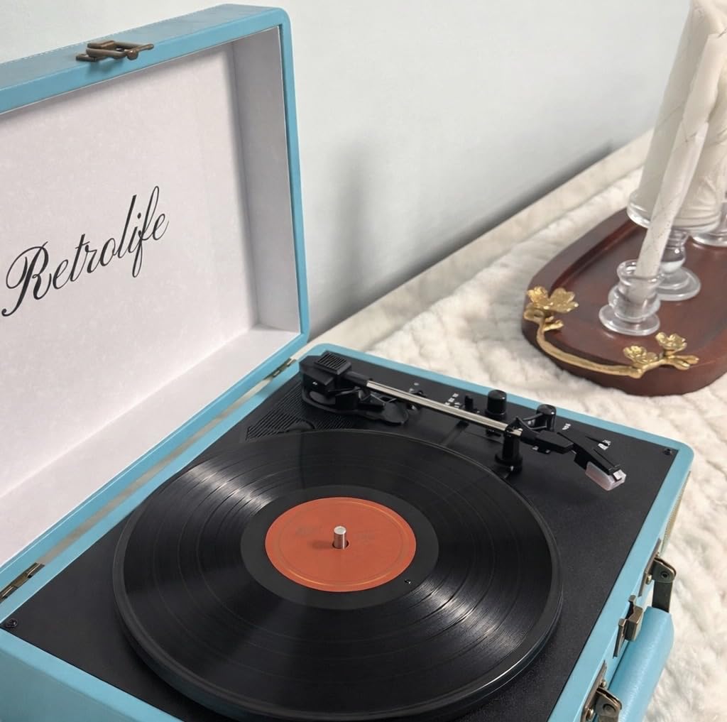 Retrolife Record Player 3 Speed Suitcase Design Bluetooth Playback, Blue customer photo 2