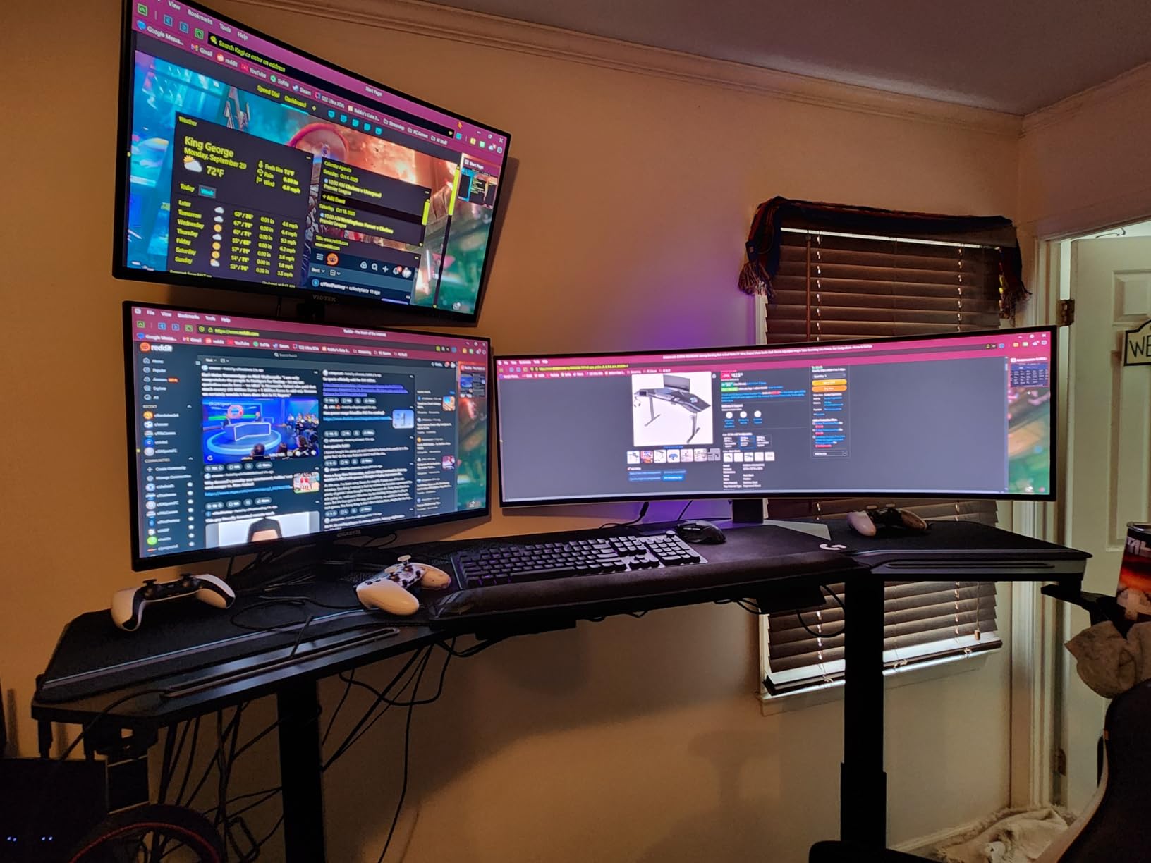 EUREKA ERGONOMIC Standing Desk with Keyboard Tray, Large Music Studio Gaming Desk, Wing Shaped Sit Stand Table 72'', LED Convertible Shelves, Dual Motor&Slot, Maple customer photo 1