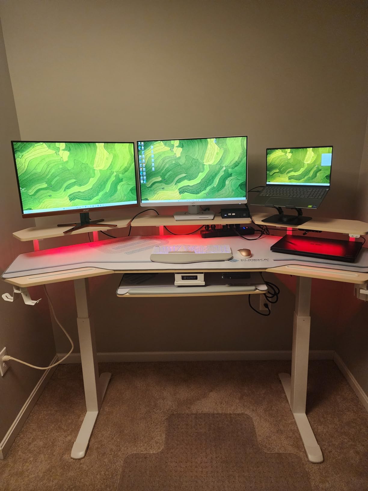 EUREKA ERGONOMIC Standing Desk with Keyboard Tray, Large Music Studio Gaming Desk, Wing Shaped Sit Stand Table 72'', LED Convertible Shelves, Dual Motor&Slot, Maple customer photo 2