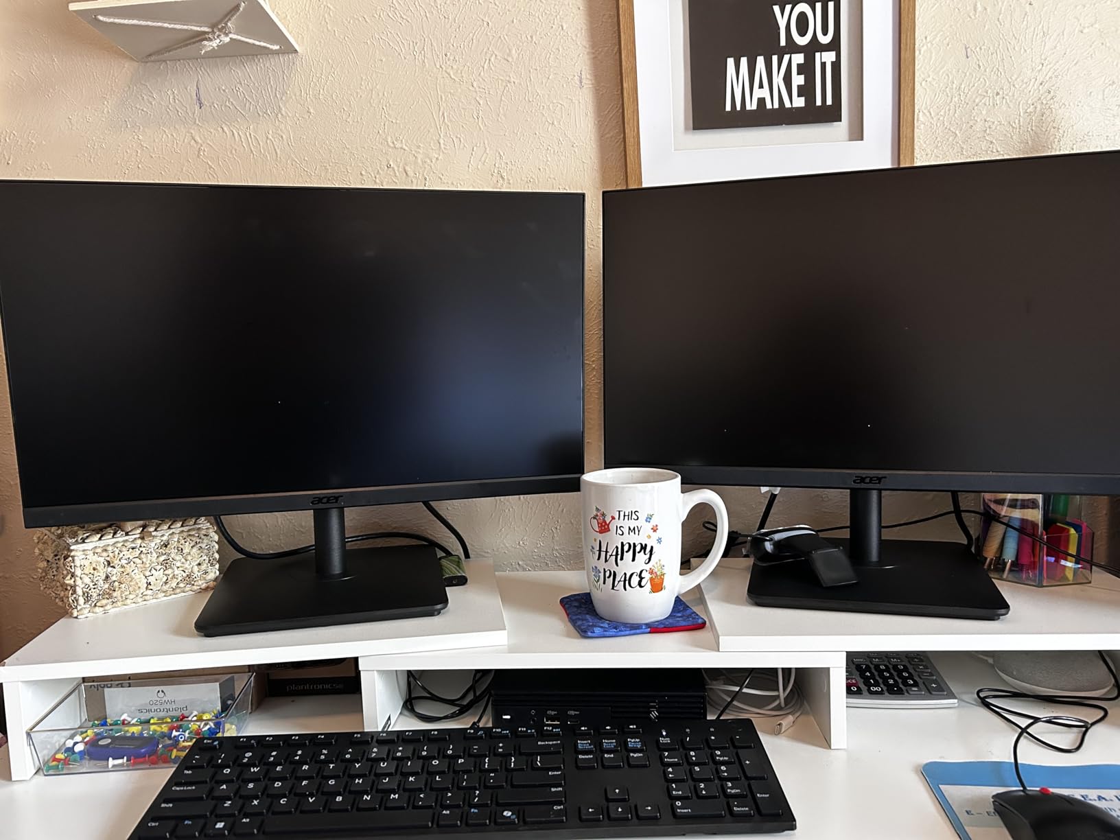 TAVR Dual Monitor Stand Riser, Wooden Computer Monitor Stand for 2 Monitors, Extra Long Multifunctional Desktop Organizer Riser for TV, PC, Laptop, Printer, Rustic Brown customer photo 1