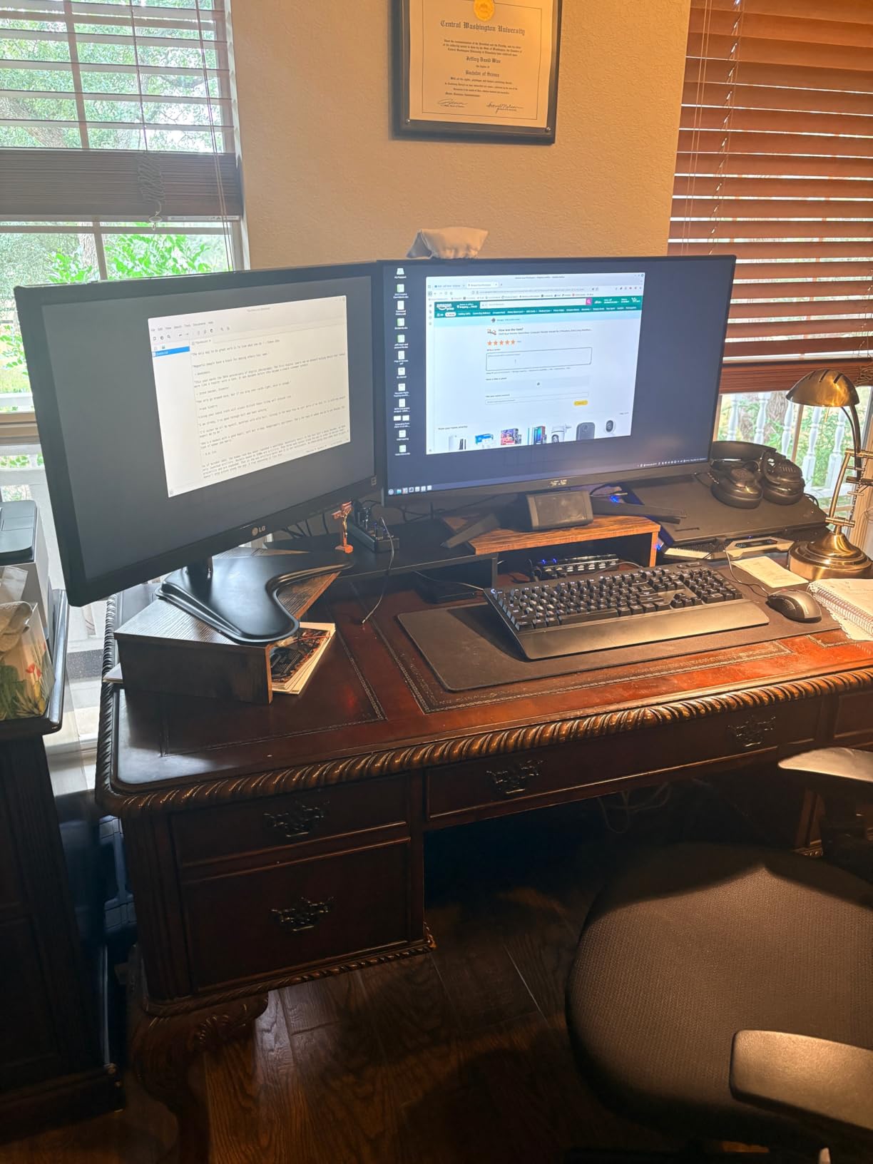 TAVR Dual Monitor Stand Riser, Wooden Computer Monitor Stand for 2 Monitors, Extra Long Multifunctional Desktop Organizer Riser for TV, PC, Laptop, Printer, Rustic Brown customer photo 2