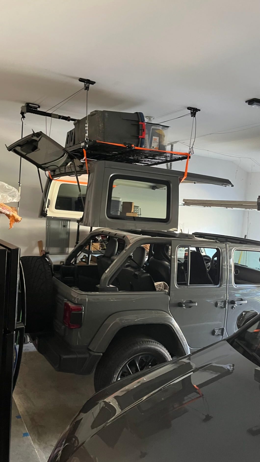 FLEXIMOUNTS GL1 Overhead Garage Lifting Storage Rack, 4x4 Ft Heavy-Duty Metal Garage Ceiling Rack, Adjustable Organization System With 71''L Axle, 350lbs Weight, Black customer photo 1