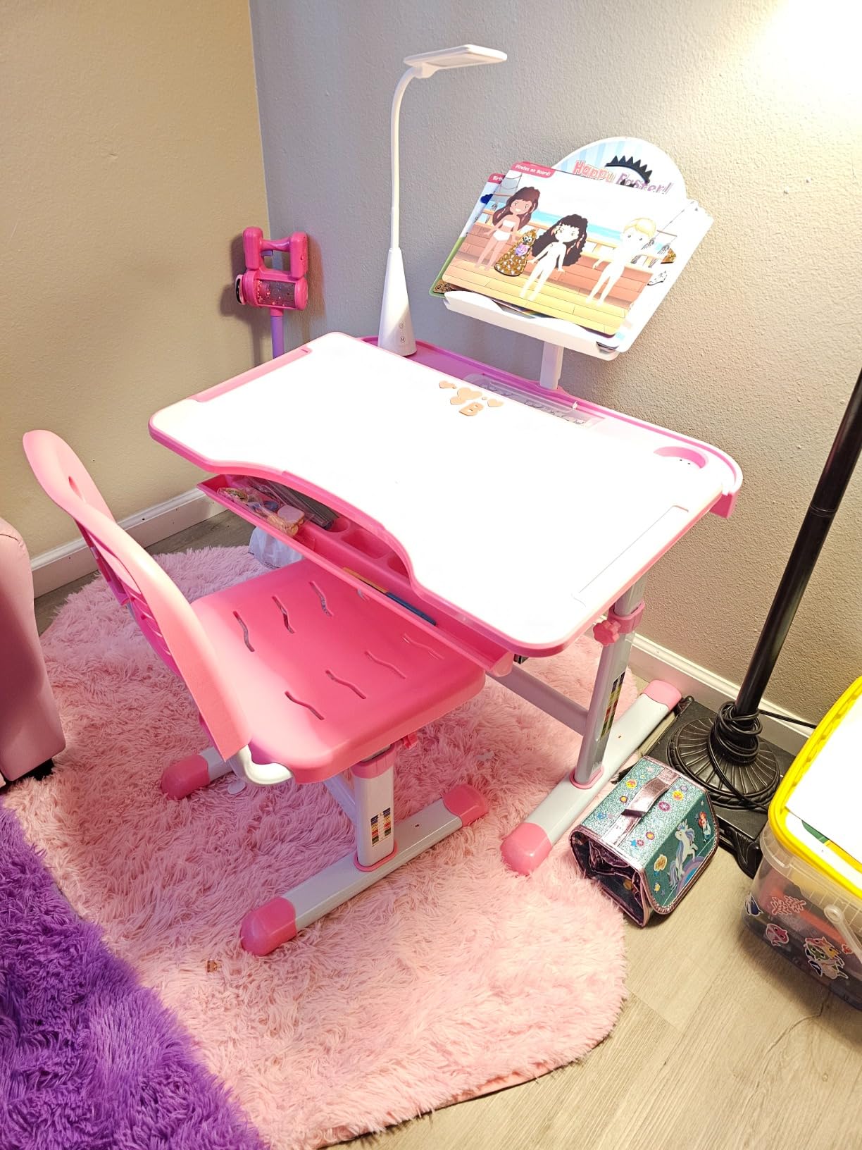 Diroan Kids Desk and Chair Set with LED Light, Height-Adjustable for Age 7+ | Ergonomic, Large 0-45° desk, Sturdy steel frame, Storage drawer, Bookstand, Metal hook customer photo 1