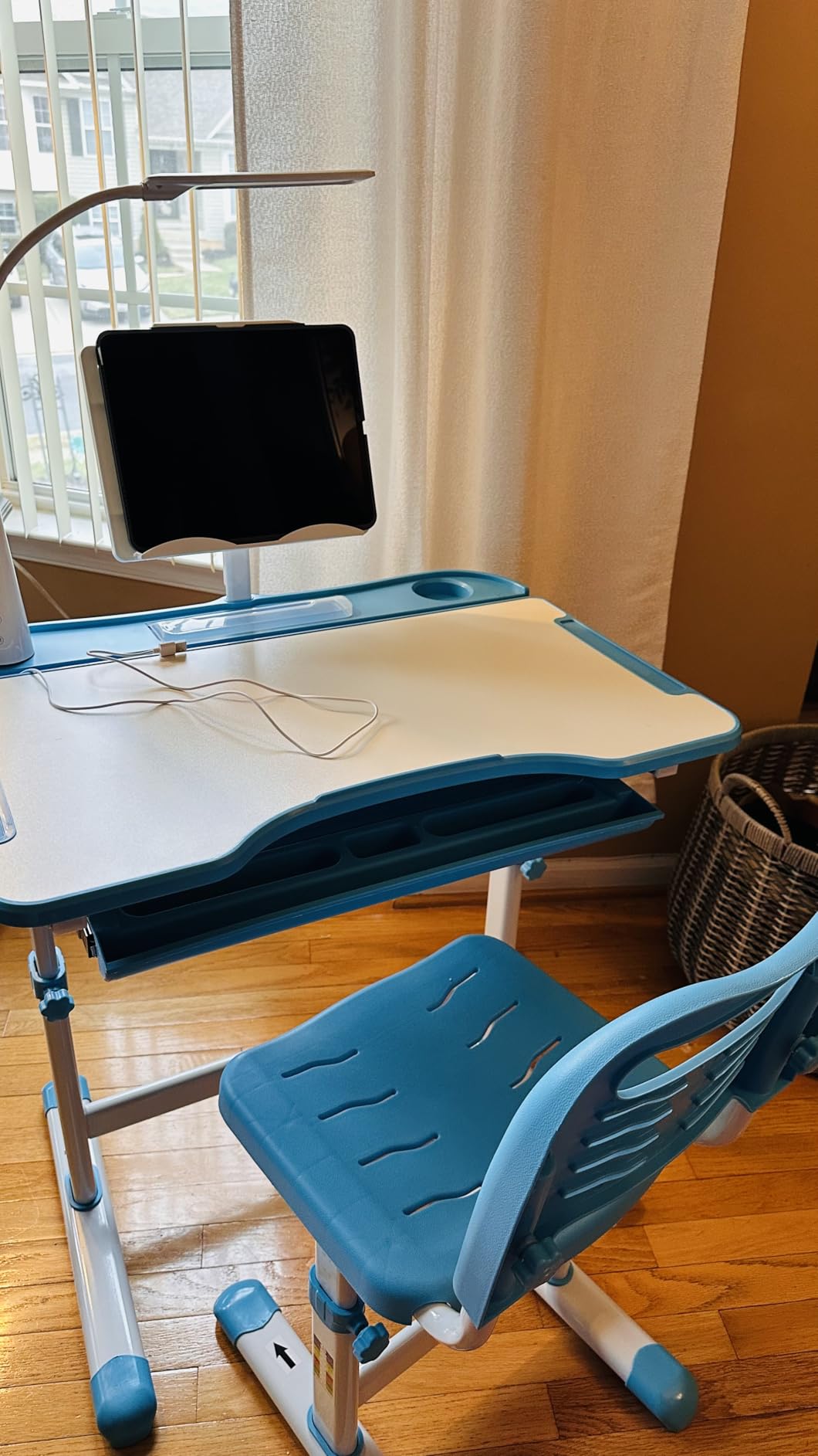 Diroan Kids Desk and Chair Set with LED Light, Height-Adjustable for Age 7+ | Ergonomic, Large 0-45° desk, Sturdy steel frame, Storage drawer, Bookstand, Metal hook customer photo 2