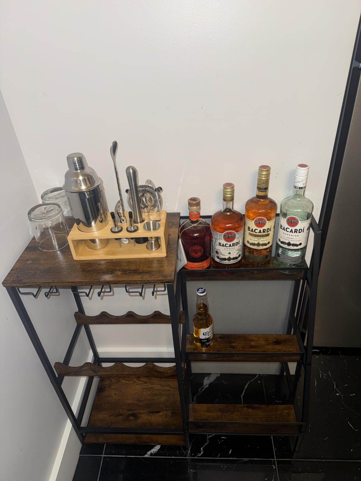 Versatile Liquor Stand for Home Bar, Wine Rack Freestanding Floor, Mini Bar Table for Liquor Whiskey Wine, 3-Tier Trapezoidal Liquor Bottle Display Shelf with Glass Holder and Fences customer photo 1