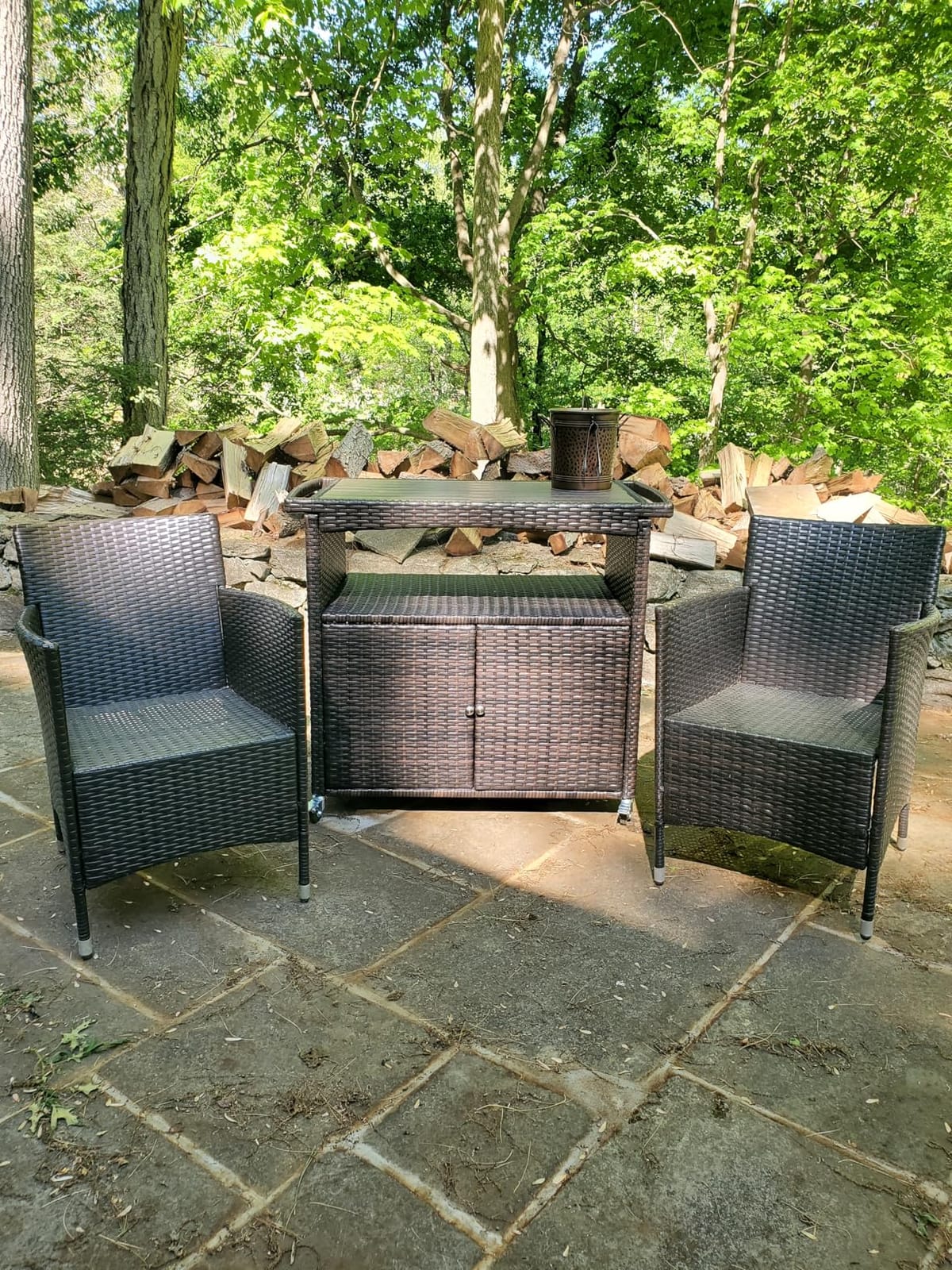 Outdoor Bar Cart with Storage Cabinet Patio Wicker Sideboard Buffet Cabinet Prep Table Outside Kitchen Serving Cart with Rolling Wheels & Handle Rattan Portable Bar Table with Shelves Doors Brown customer photo 1