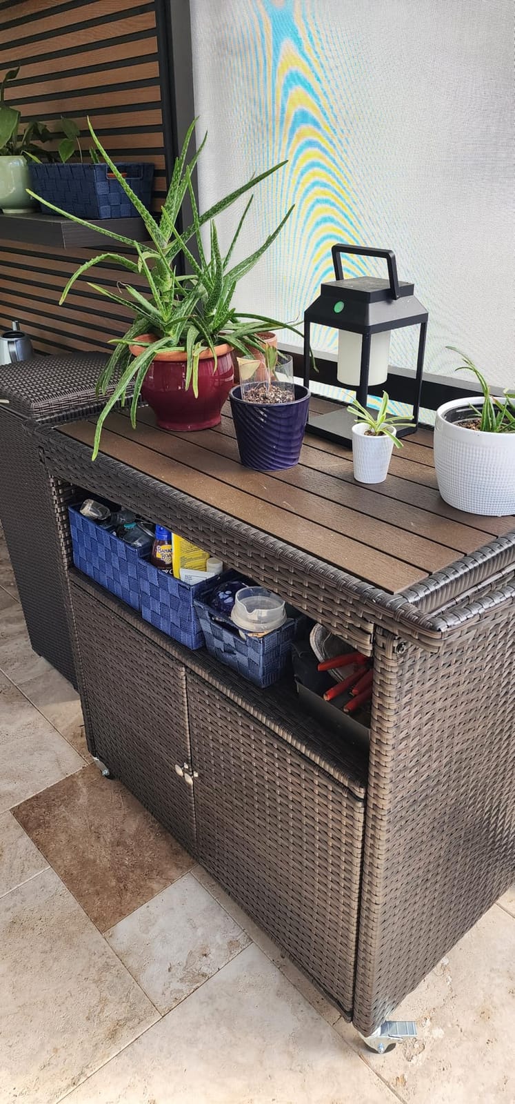 Outdoor Bar Cart with Storage Cabinet Patio Wicker Sideboard Buffet Cabinet Prep Table Outside Kitchen Serving Cart with Rolling Wheels & Handle Rattan Portable Bar Table with Shelves Doors Brown customer photo 2