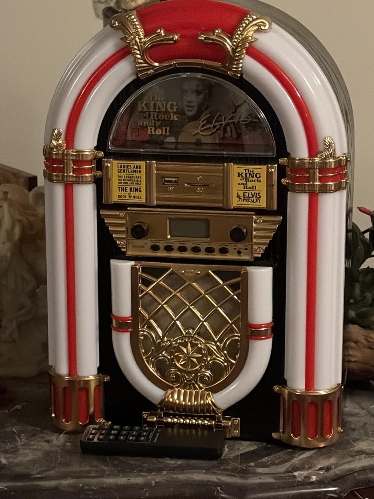 Athena Mini Jukebox/Tabletop CD Player/Bluetooth Speaker/Radio/USB and SD Card Player with Retro LED Lighting System (Black Golden) customer photo 1