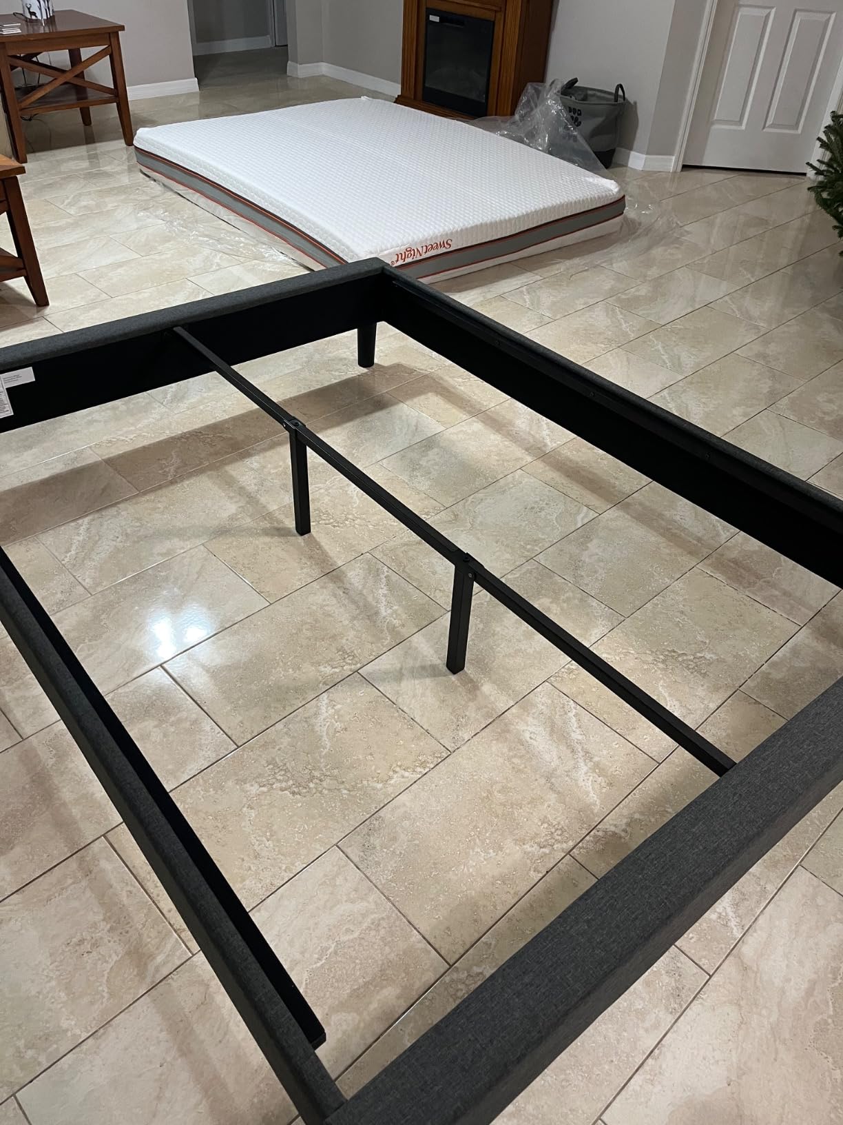 Zinus Curtis Upholstered Platform Bed Frame, Mattress Foundation, Wood Slat Support, No Box Spring Needed, Eco Friendly WonderBox (TM) Packaging, Dark Grey, Full customer photo 1
