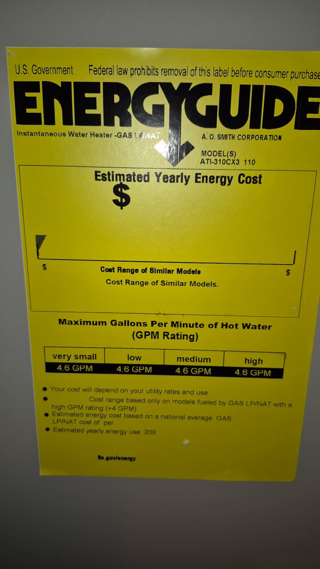 A. O. Smith Water Heater | 8 GPM, 190K BTU | NG Indoor, X3 | ATI-310CX3 | For 2-3 Bath Homes | 8 GPM Continuous Flow | 190K BTU, X3 Scale Prevention | Indoor Install | 15-Year Warranty customer photo 1