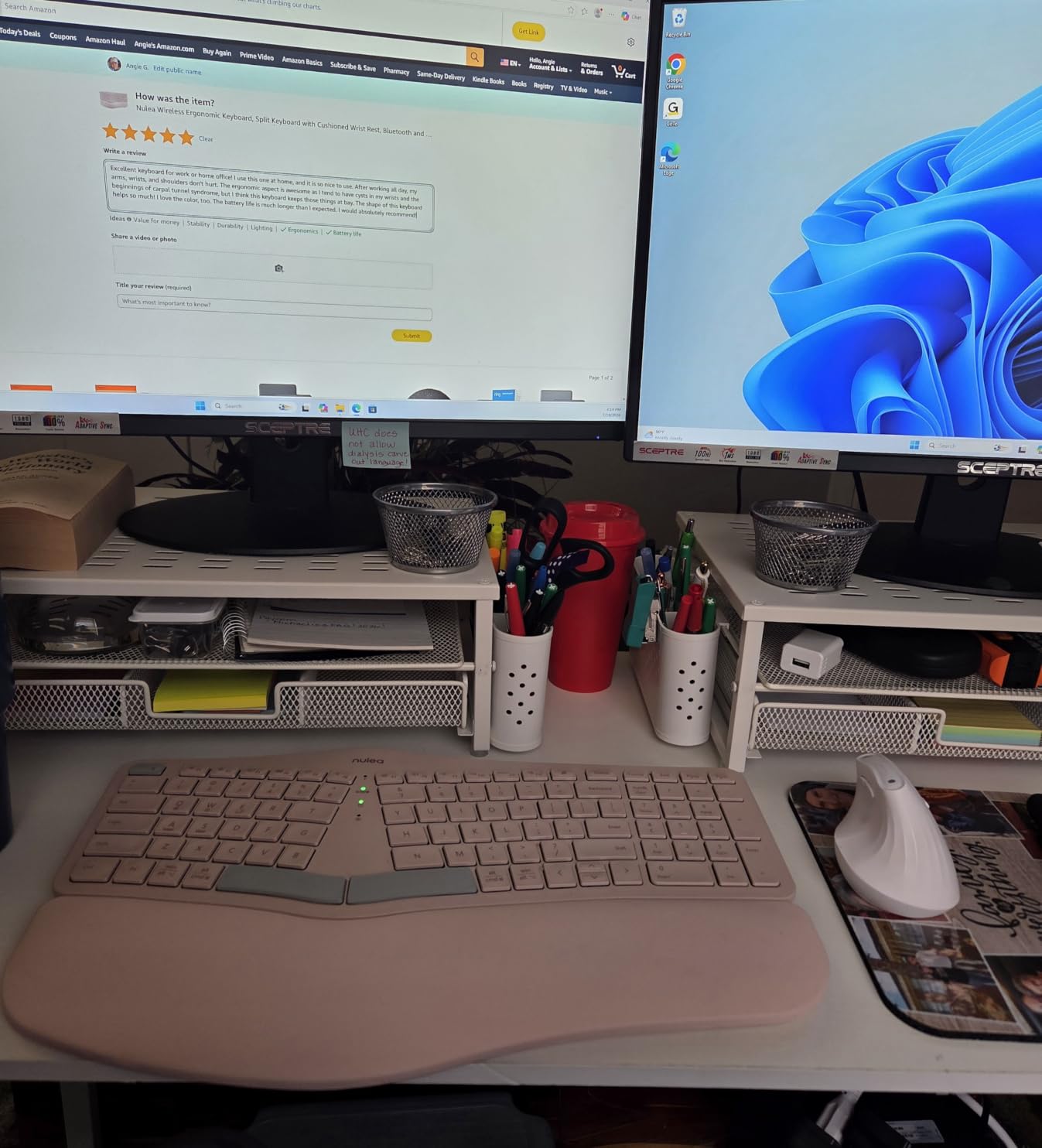 Nulea Wireless Ergonomic Keyboard, Split Keyboard with Cushioned Wrist Rest, Bluetooth and USB Connectivity, USB-C Rechargeable, Compatible with Windows Mac (Grey Pink) customer photo 1