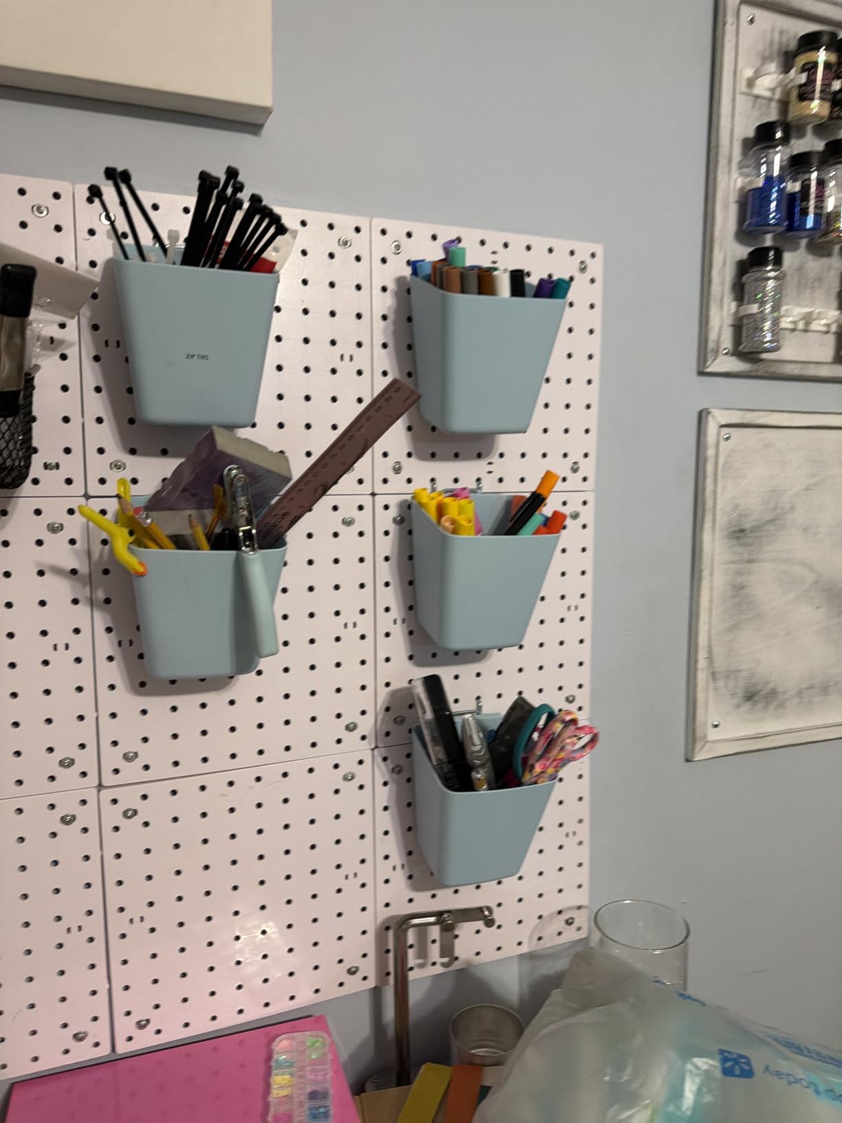 Clear Large Pegboard Cups, 6Pack Peg Board Square Storage Bins With Hooks | Big Open-Mouth Cups, 1/8