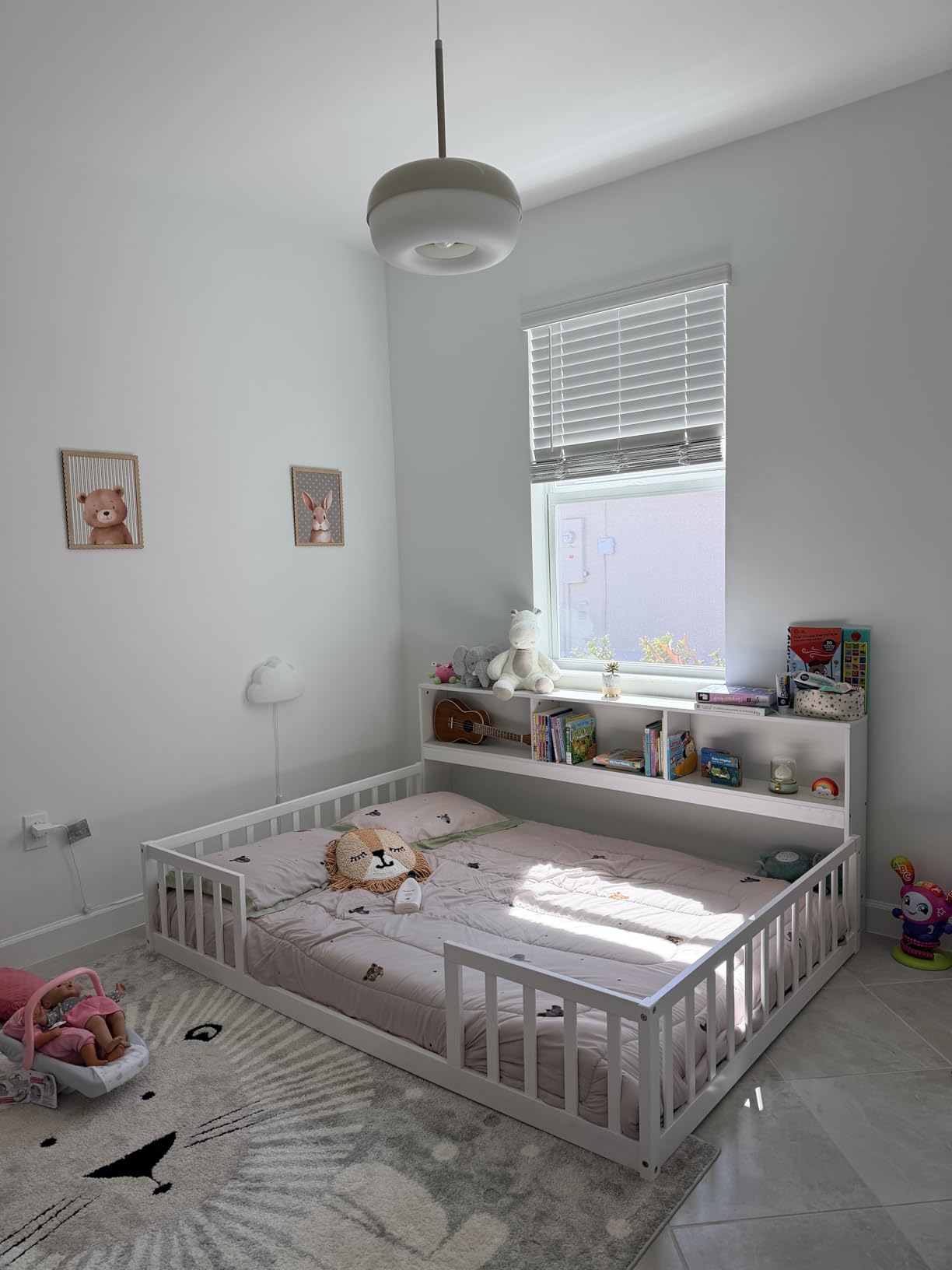 Giantex Twin Floor Bed for Kids, Wood Montessori Bed with Safety Guardrails, White customer photo 2