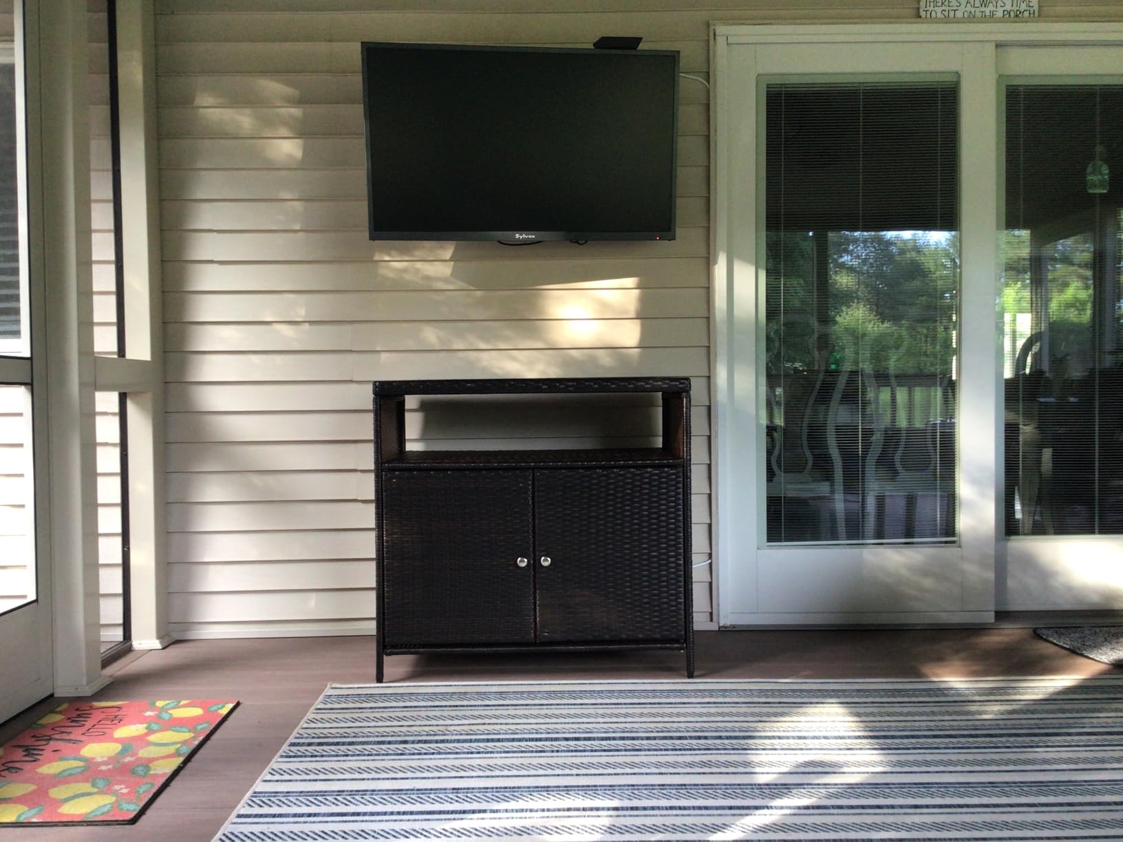 Tangkula Rattan Outdoor Storage Cabinet, Patiojoy Outdoor Cabinet with Acacia Wood Countertop, Open Compartment, 2-Door Wicker Sideboard, Outdoor Bar for Patio Garden Backyard Poolside (Mix Brown) customer photo 1