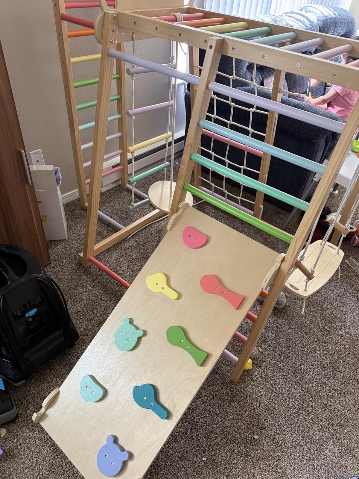 BlueWood Upgraded Indoor Jungle Gym 9-in-1 Playground Kids Climbing Toys | Waldorf Style Wooden Climber Playset with Slide, Swing, Monkey Bars, Upright/Rope Ladder, Climb Net, Rainbow customer photo 1