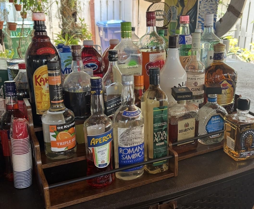 KLM Liquor Bottle Display Shelf, Coffee Syrup Rack Organizer, 3 Step Countertop Liquor Wine Rack, Mini Bar, Liquor Cabinet, Home Retro Bar Shelf Stand for Liquor Whiskey, Spirits customer photo 2