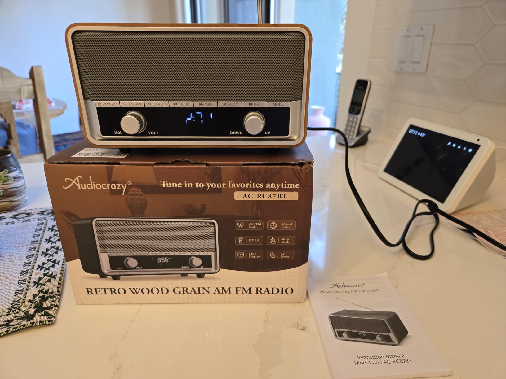 Vintage Wood AM FM Bluetooth Radio with Clear LCD Display, Digital Radio with Plug In Wall, 40 Presets, Sleep Timer, Retro Bluetooth Speaker For Home Kitchen Office customer photo 2