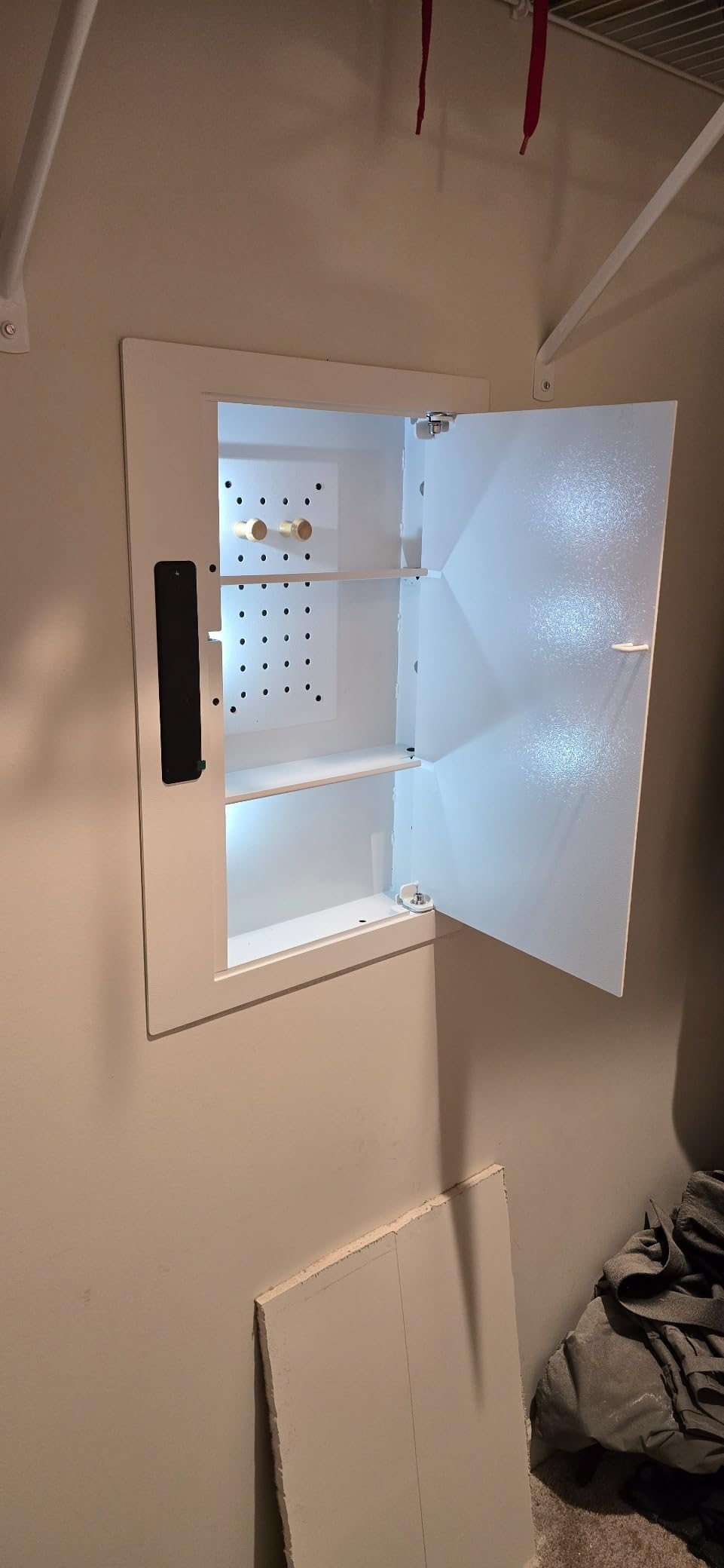 Grimtron Quick Access Electronic Wall Safe with Removable Shelves & Hooks | White Wall Mount Safe Between Studs 16