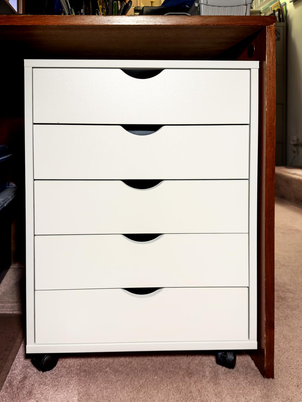 Sweetcrispy 5 Drawer Wooden Dresser, Storage Cabinets, Room Organization | Mobile Rolling Wheels, Vertical Organizer Chest, Home Office Bedroom Furniture, White Wood customer photo 2