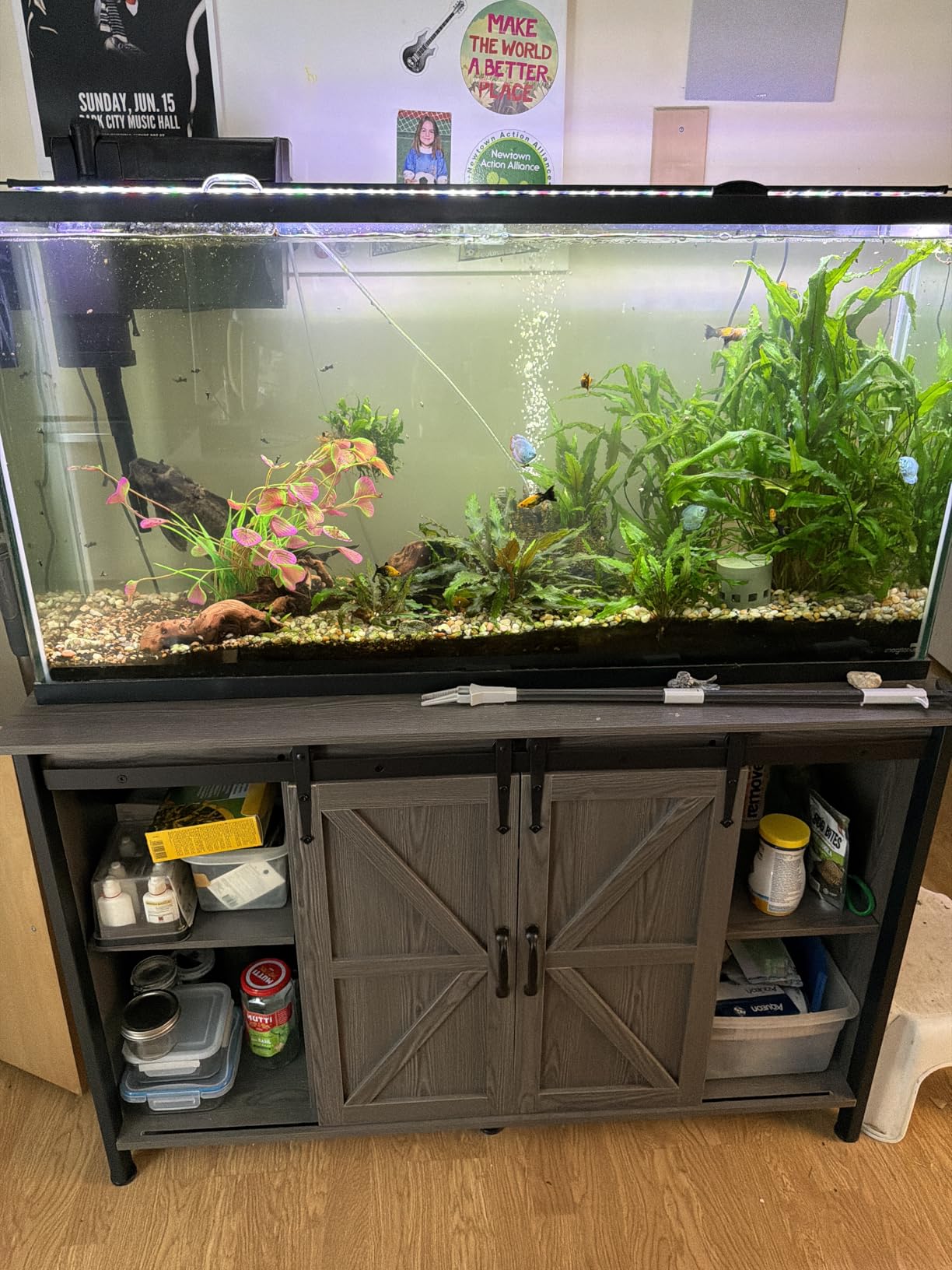VOWNER Farmhouse 55-75 Gallon Fish Tank Stand with Power Outlet, Grey | Aquarium Stand with Storage Cabinet and Sliding Barn Door, Heavy Duty Reptile Tank Stand, for 2 Tanks, 1000LBS Capacity customer photo 2