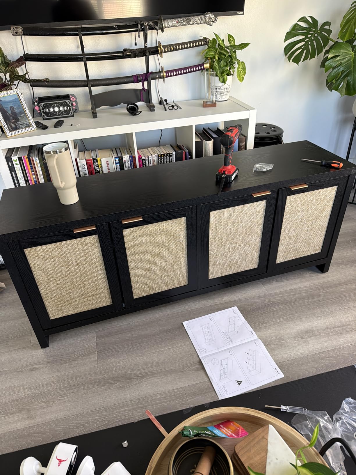 SICOTAS TV Stand for Living Room Boho Entertainment Center for Bedroom with 4 Rattan Cabinets Farmhouse Television Stands with Storage Large Media Console Table for TVs up to 65 Inch customer photo 2