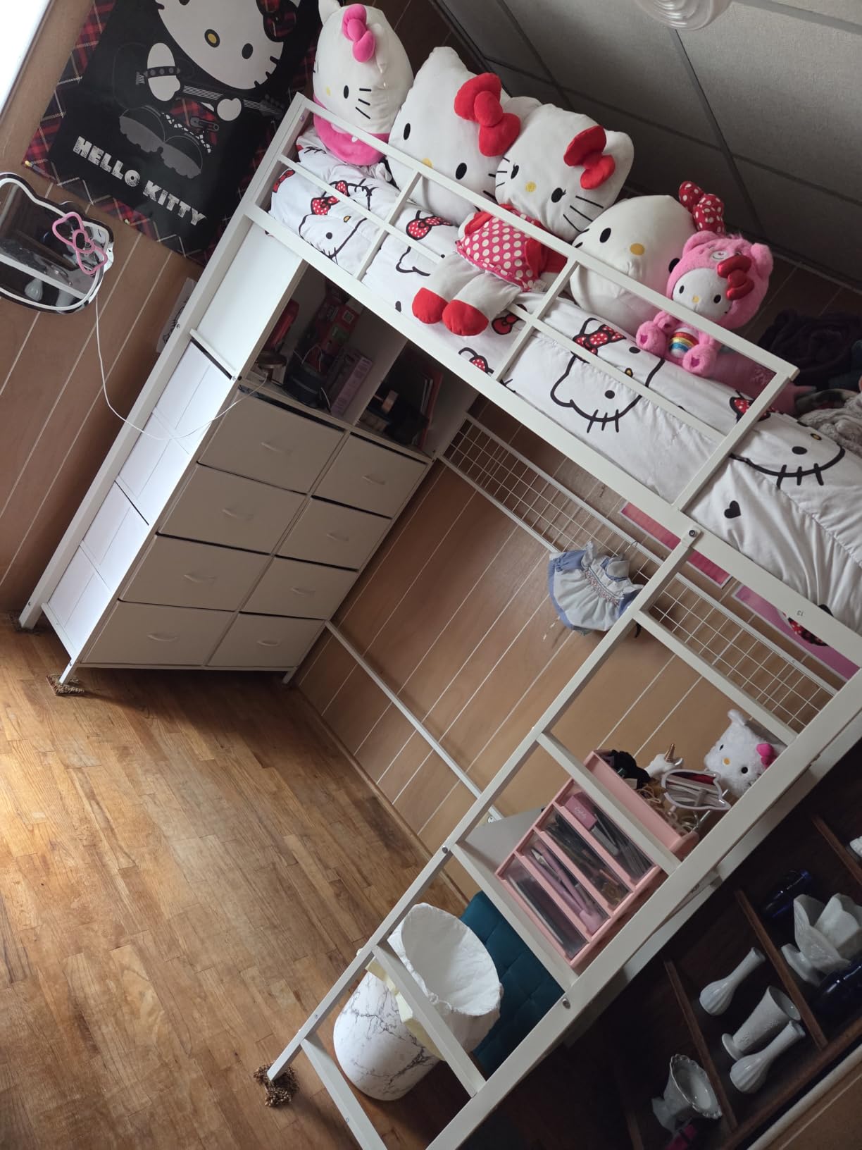 ADORNEVE Twin Size Loft Bed with Desk and 8 Storage Drawers, Rustic Brown | LED Metal Kids Loft Bed with Charging Station, Storage Shelves, 13.1