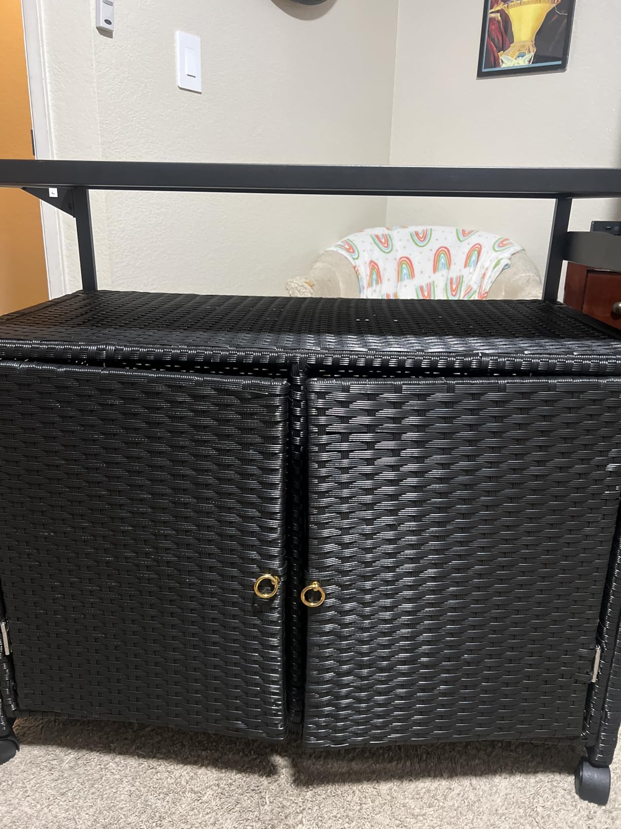 MU Outdoor Bar Cart with Storage and Wheels, Outdoor Bar Table with Tempered Glass Top & Shelf, Rolling Wicker Storage Cabinet with Rounded Handle & Side Basket for Backyard, Poolside, Garden, Black customer photo 2