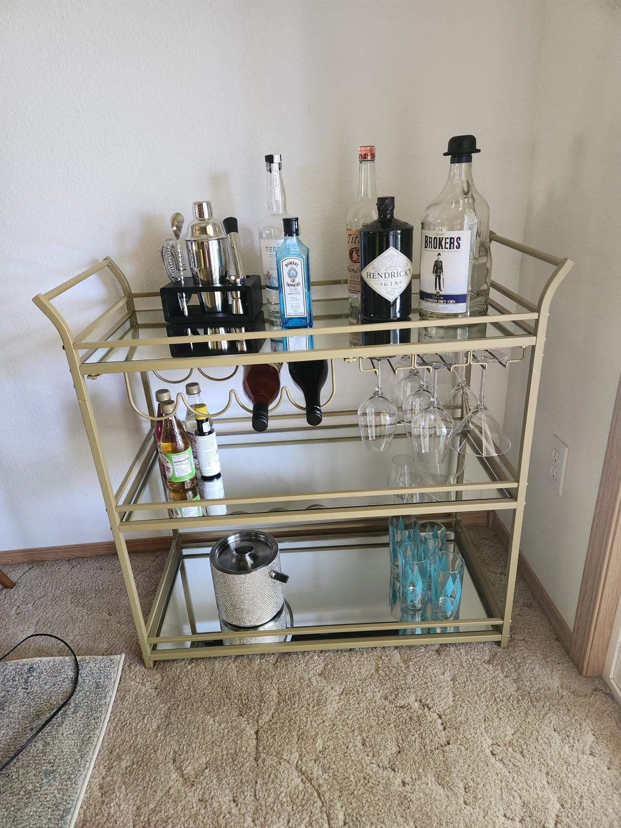VASAGLE Bar Cart Gold, Large Home Bar Serving Cart with 3-Tier | Mirrored Shelf, Wine Holders, Glass Holders, Kitchen, 15 x 33.9 x 35.4 Inches, Gold ULRC083A02 customer photo 2