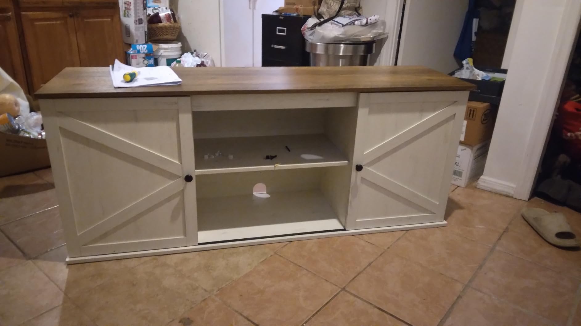 VASAGLE Farmhouse TV Stand for TVs up to 65 Inches, Entertainment Center with Storage Cabinets and Sliding Barn Doors, Media Console Table for Living Room, Rustic White and Honey Brown ULTV535W01 customer photo 1