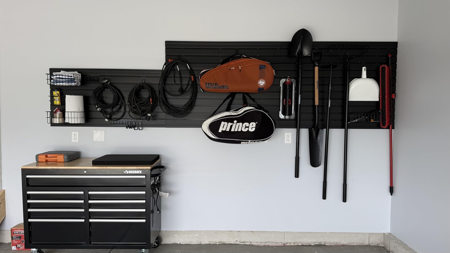 FRAYSCENT Slat Wall Paneling Garage Slat Wall Storage Systems Slatwall Panels Power Tool Organizer Wall Mount, PVC Garage Storage & Organization Products Slate Board (Black, 4ft x 8ft with 15 Hooks) customer photo 1