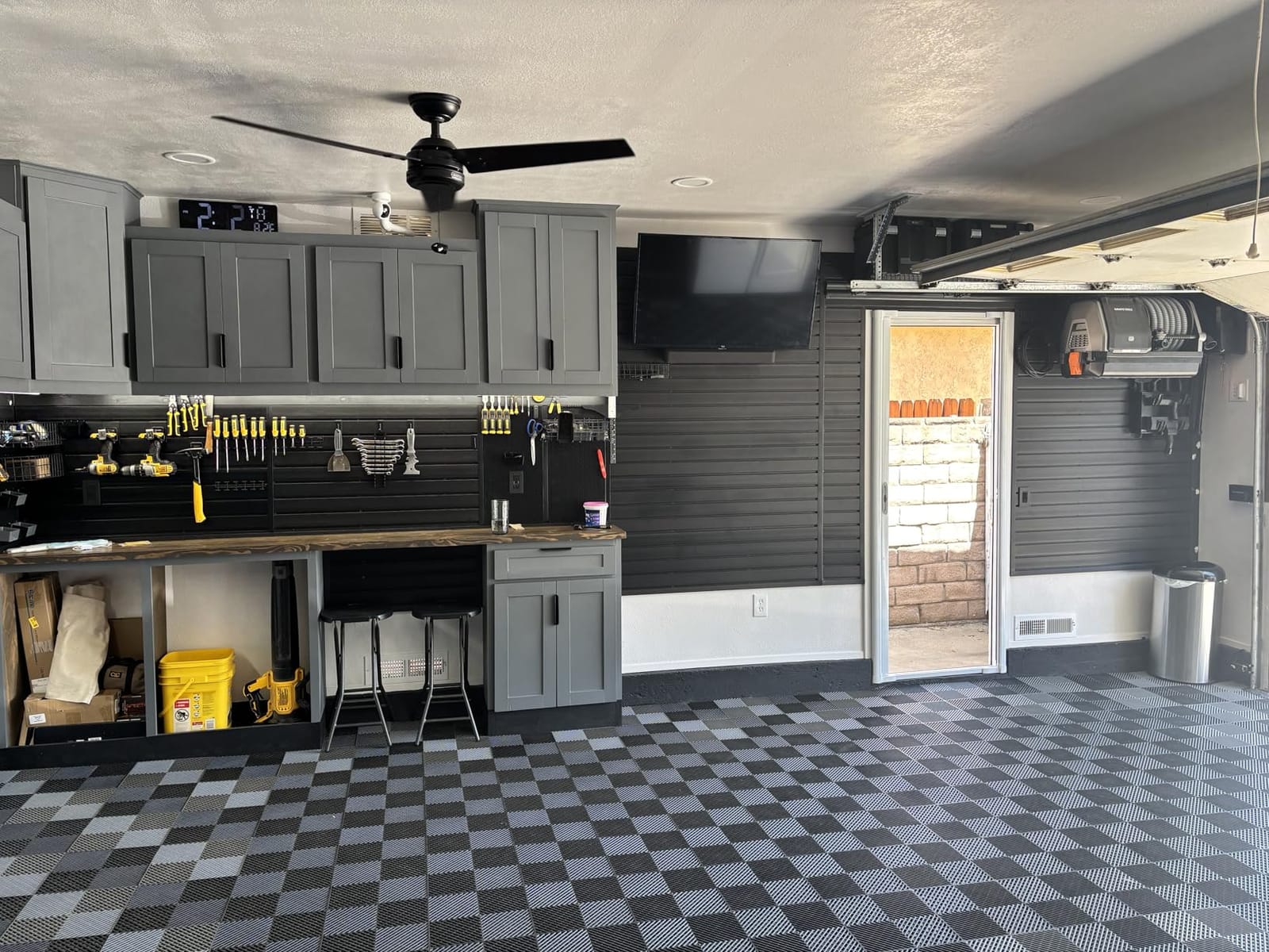 FRAYSCENT Slat Wall Paneling Garage Slat Wall Storage Systems Slatwall Panels Power Tool Organizer Wall Mount, PVC Garage Storage & Organization Products Slate Board (Black, 4ft x 8ft with 15 Hooks) customer photo 2