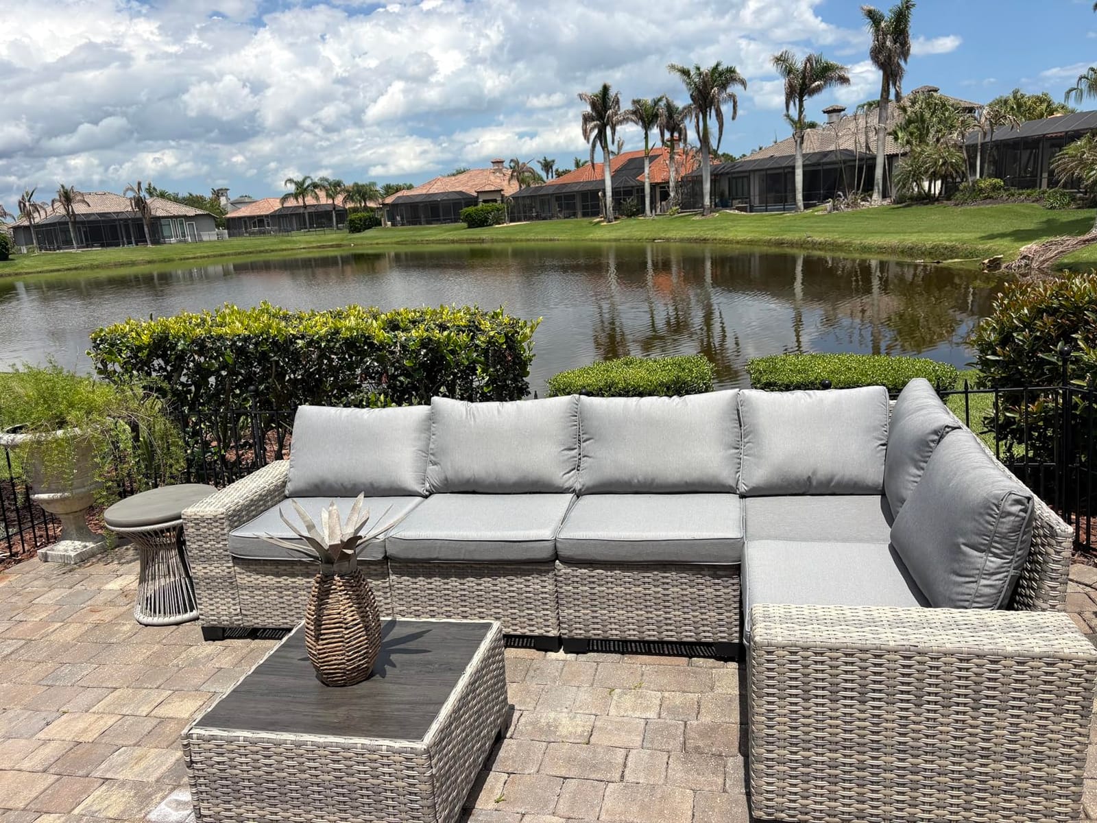 Outdoor Patio Furniture Set PE Wicker Rattan Outdoor Sectional Sofa | Patio Conversation Set with Chunky Arms Thickened Cushions & Glass Coffee Table for Garden, Backyard, Poolside, Beige customer photo 1