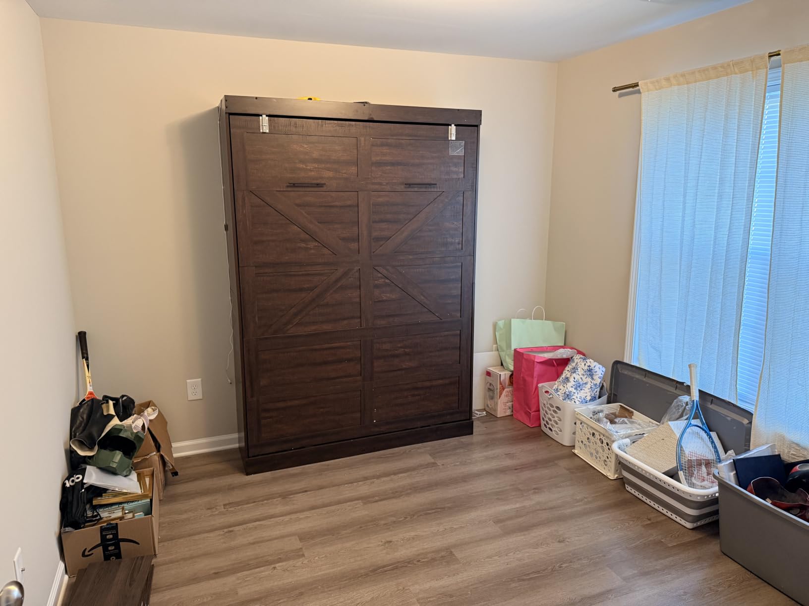 Hlivelood Queen Size Murphy Bed with 2 LED Lights, Farmhouse Wood Hidden Foldable Wall Bed Frame w/Gas Struts, Storage Bed Cabinet for Bedroom, Office, Space-Saving, No Box Spring Needed, Rustic White customer photo 1