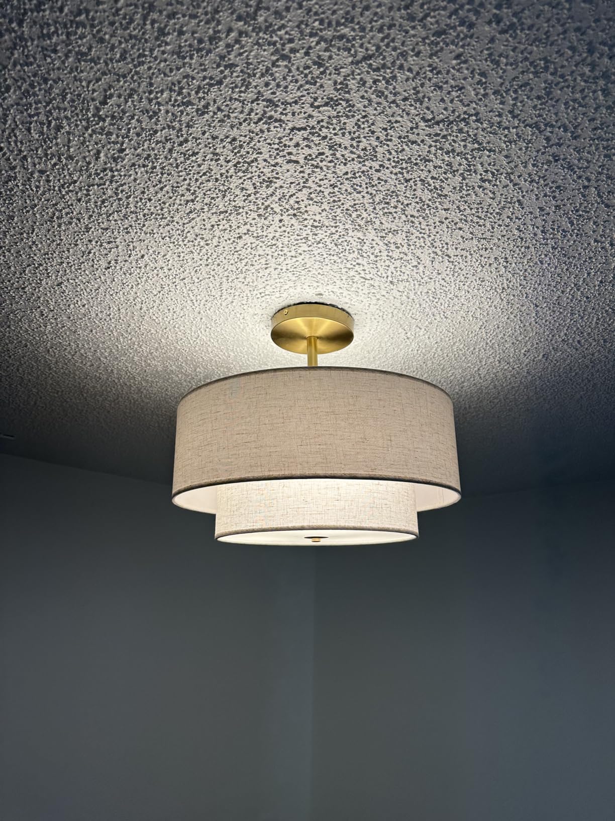 18 Inch Large Semi Flush Mount Ceiling Light Fixture with Dual Drum Design, Gold Farmhouse Fabric Linen Shade for Bedroom, Living Room, Kitchen, and Dining - Modern Chandelier Lamp customer photo 1