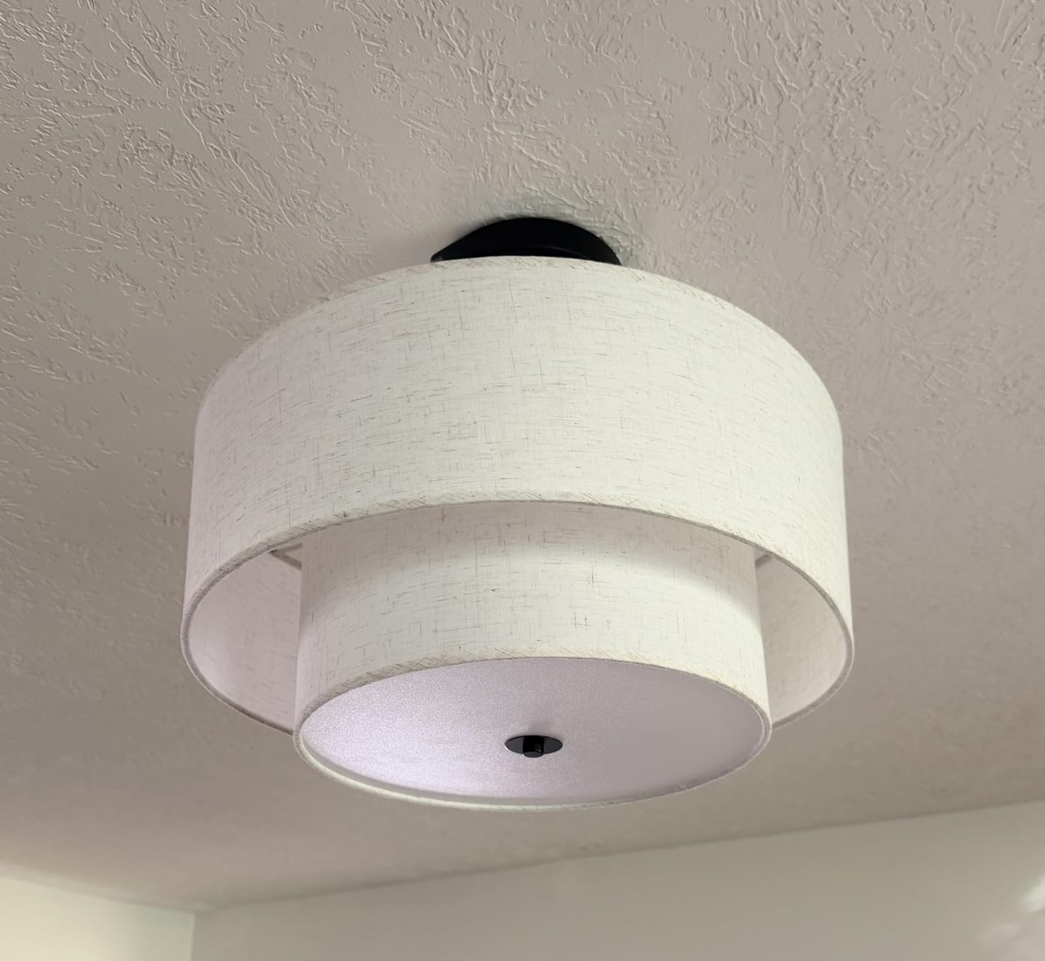 18 Inch Large Semi Flush Mount Ceiling Light Fixture with Dual Drum Design, Gold Farmhouse Fabric Linen Shade for Bedroom, Living Room, Kitchen, and Dining - Modern Chandelier Lamp customer photo 2