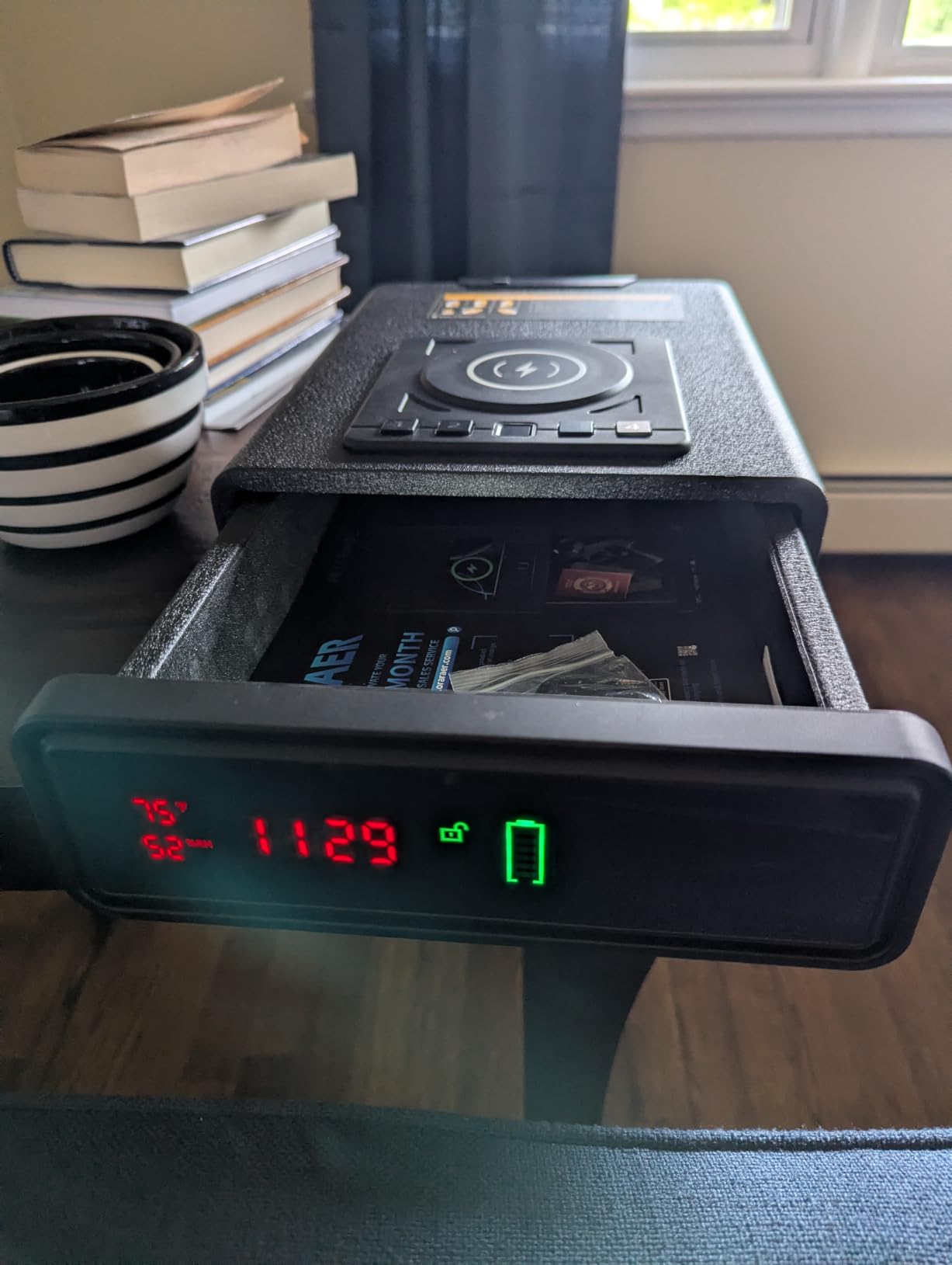 ORARAER Biometric Smart Gun Safe with Wireless Charging, 3 Quick Access Money Box with Fingerprint - Compact Bedside Drawer Safe, 24/7 Digital Clock handgun safe, Gifts for Men customer photo 2