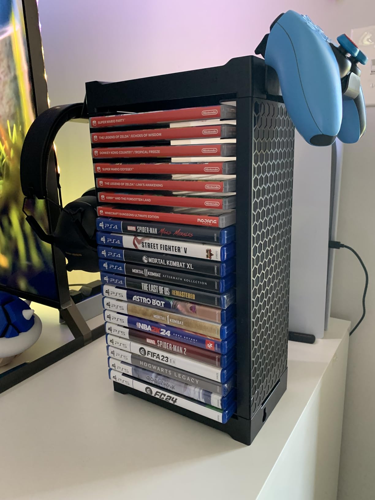 Video Game Disc Rack Tower Storage Holder Stand Universal for PS5/PS4/XBOX One/Series/NS Game, Game Organizer Shelf Display Stand for Wall Mount/Desk/Floor with Controller Holder Sega Genesis Consoles customer photo 1