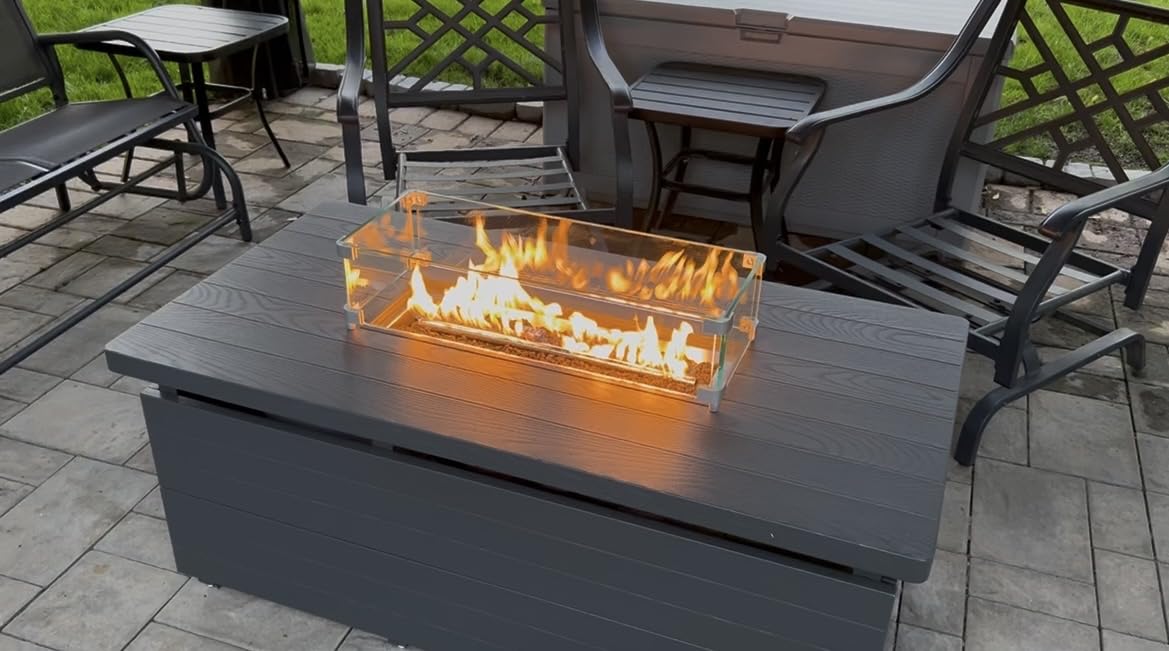 Sundale Outdoor 51 Inch Outdoor Fire Pit Table, 50,000BTU Rectangle Propane Fire Pit with Sliding Tank Holder, Glass Wind Guard, Removable Lid, CSA Certified, Gray customer photo 2