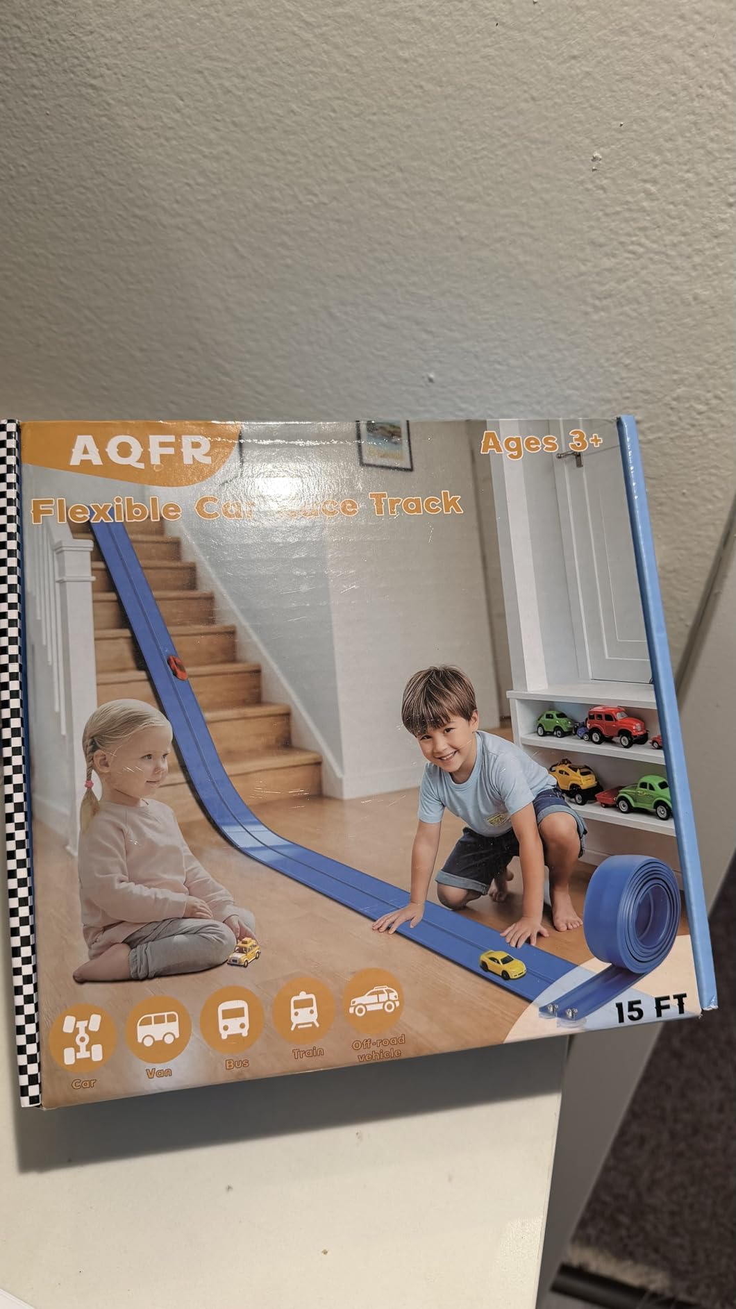 Flex Tracks 15 Ft Starter Set - Flexible Race Car Ramp Track with Suction Cups Compatible with Diecast 1/64th Cars (Green & Blue) customer photo 1