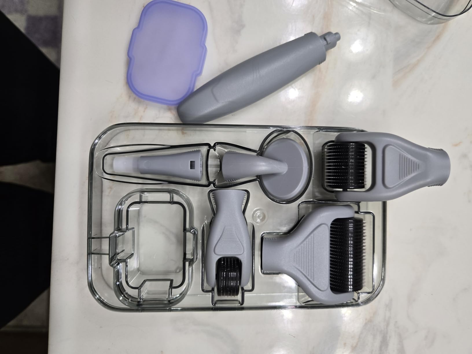 6-in-1 Microneedling Derma Roller Kit Face & Body (0.25 & 0.3mm) | Ultra-sharp titanium heads for scalp & beard care. Includes 300, 720 & 1200 needles with built-in disinfection basin. customer photo 1