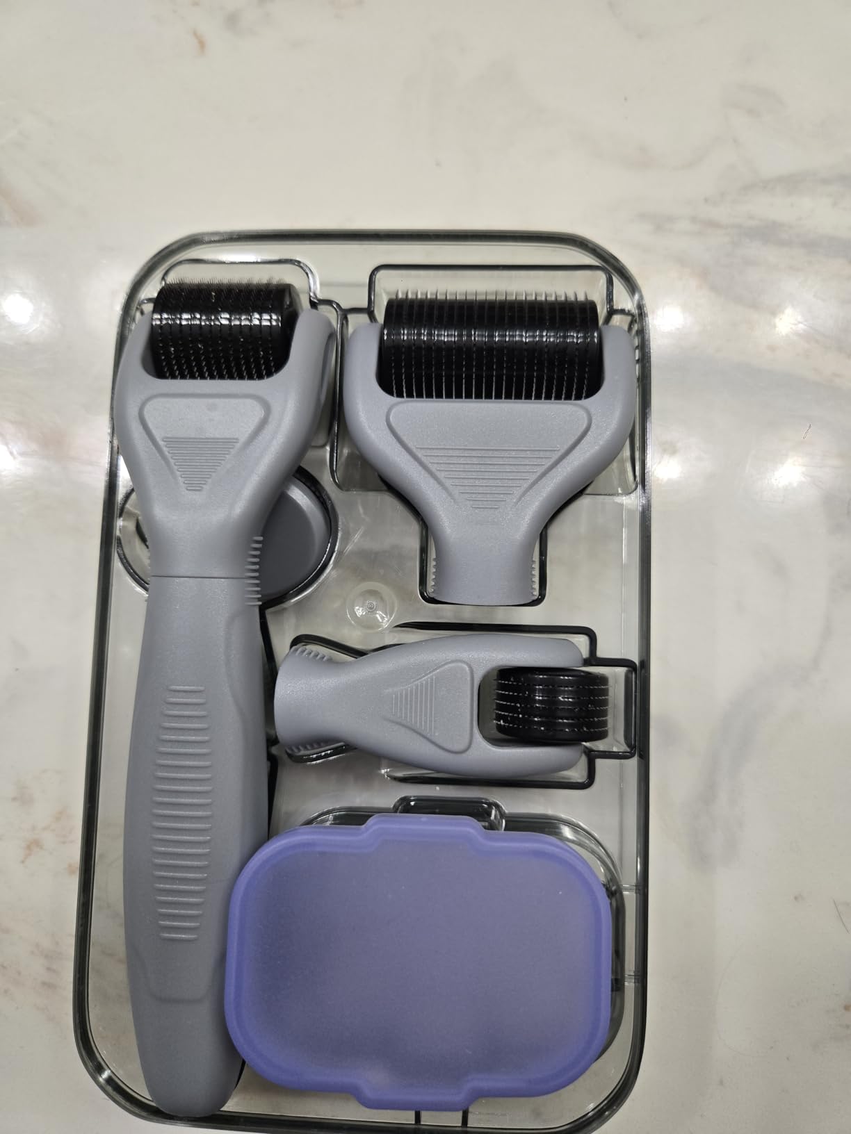 6-in-1 Microneedling Derma Roller Kit Face & Body (0.25 & 0.3mm) | Ultra-sharp titanium heads for scalp & beard care. Includes 300, 720 & 1200 needles with built-in disinfection basin. customer photo 2