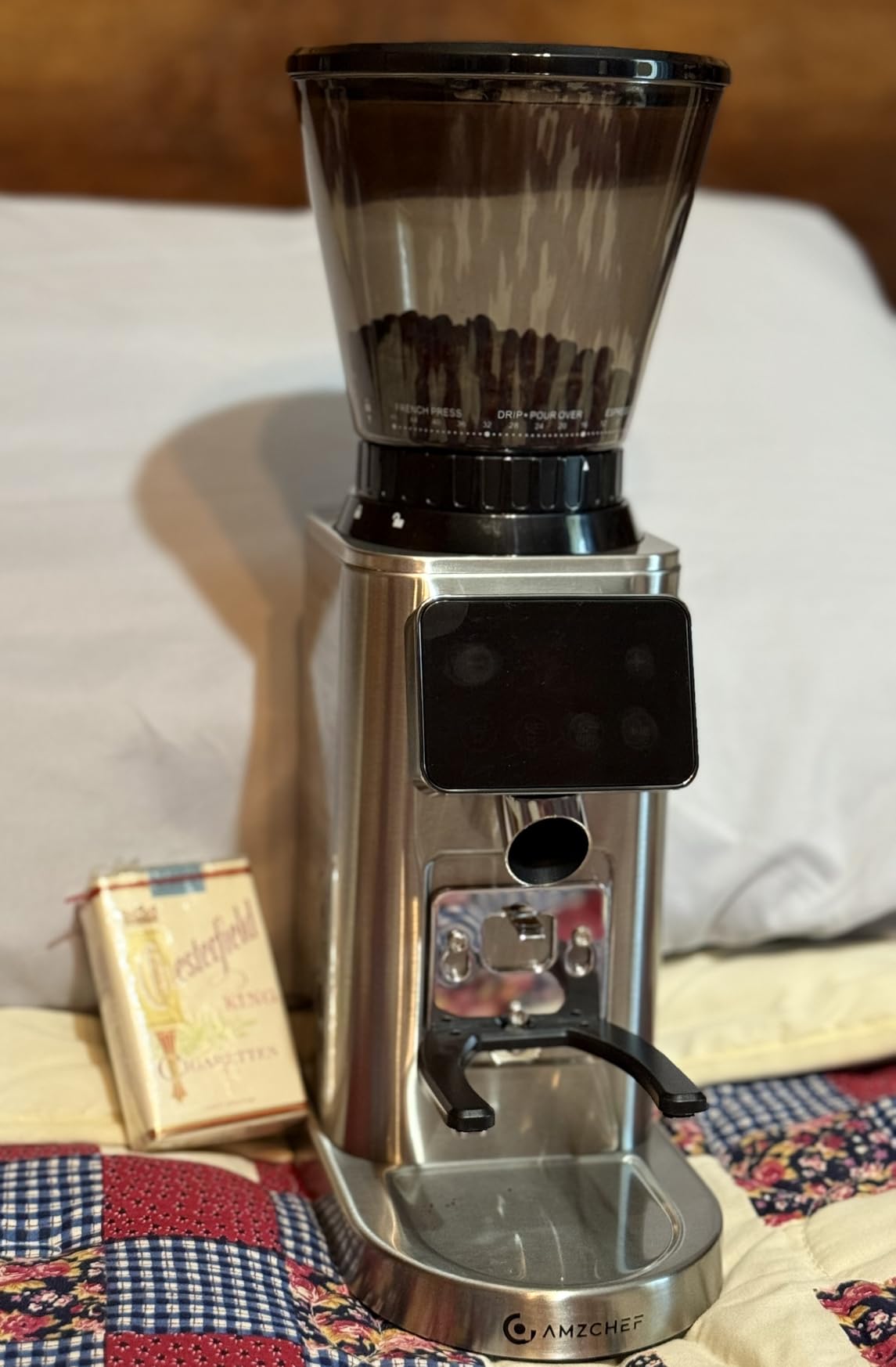 AMZCHEF Conical Burr Coffee Grinder, Anti-Static Burr Mill with Precision Timer & LED Touchscreen, 48 Grind Settings, for Espresso, Drip, Pour Over, Cold Brew & French Press, Metallic Silver customer photo 1