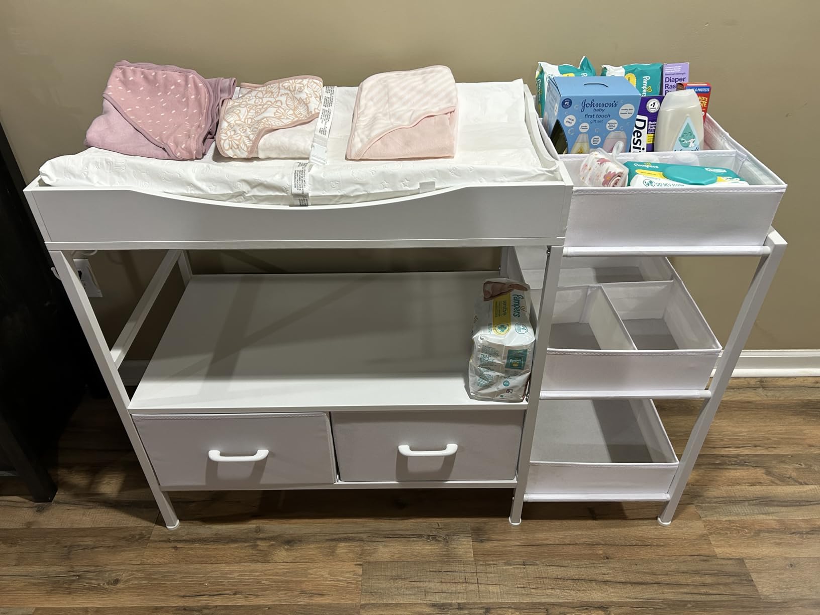 Baby Changing Table with Storage,Heavy-Duty Diaper Changing Station, White Nursery Dresser Organizer with 2 Large Fabric Baby Drawers customer photo 1