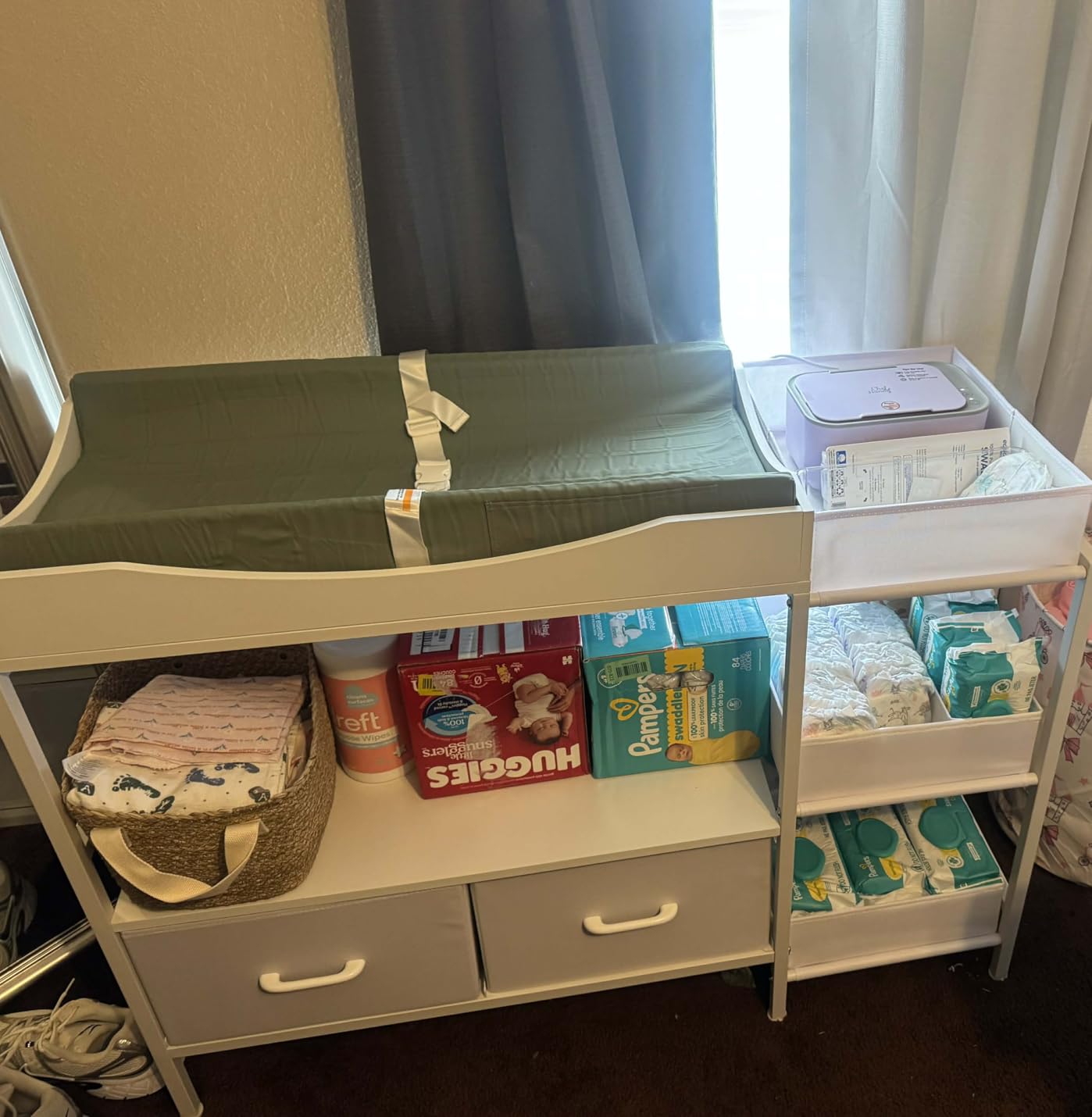 Baby Changing Table with Storage,Heavy-Duty Diaper Changing Station, White Nursery Dresser Organizer with 2 Large Fabric Baby Drawers customer photo 2