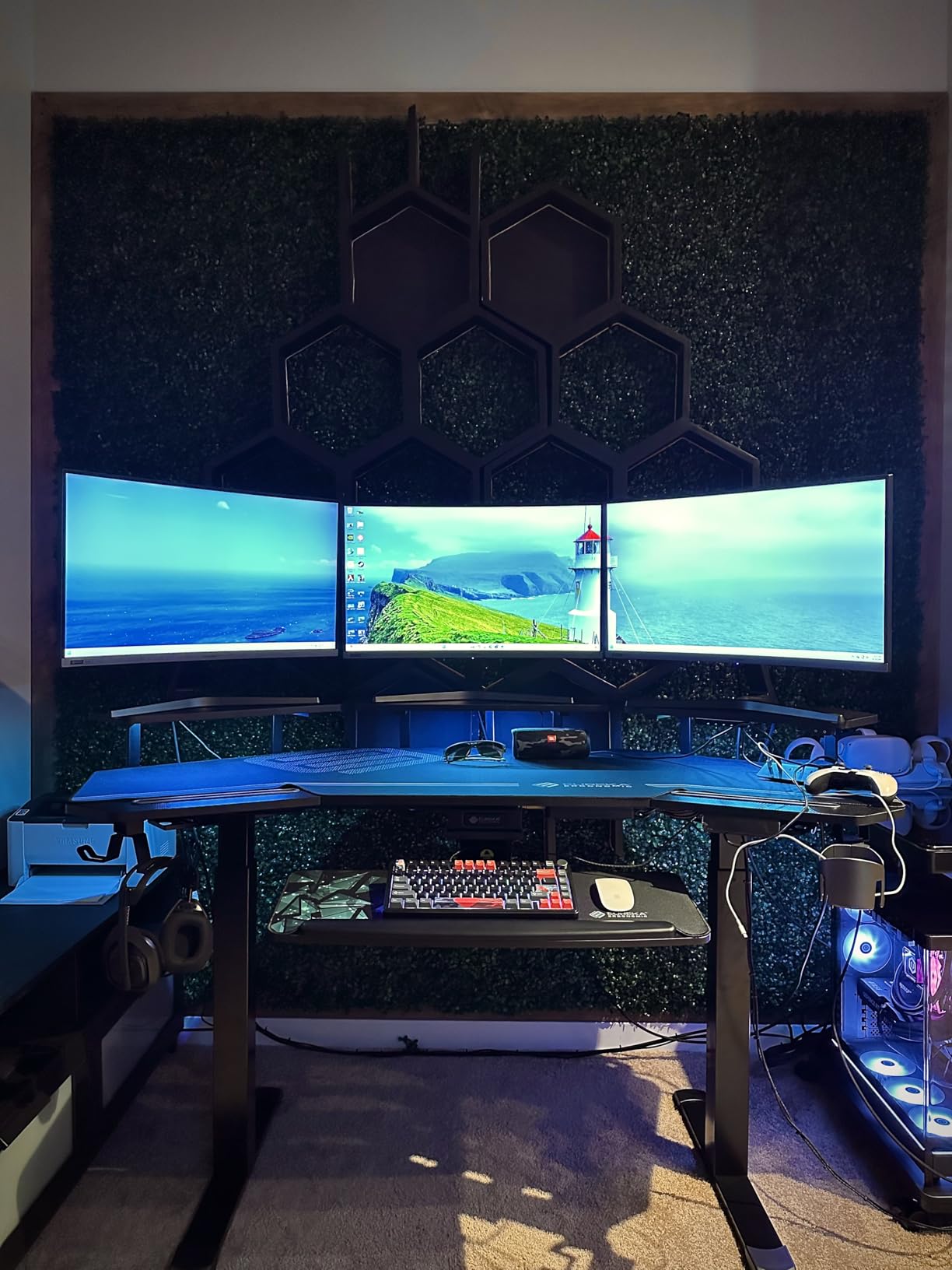 EUREKA ERGONOMIC Aero 55 Inch W Shaped Electric Standing Desk, Height Adjustable Computer Gaming Desk with LED Monitor Shelf, Mouse Pad, Headphone Hook, Cup Holder, Natural Maple customer photo 1