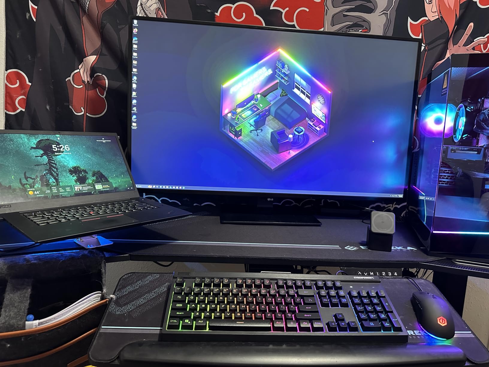 EUREKA ERGONOMIC Aero 55 Inch W Shaped Electric Standing Desk, Height Adjustable Computer Gaming Desk with LED Monitor Shelf, Mouse Pad, Headphone Hook, Cup Holder, Natural Maple customer photo 2