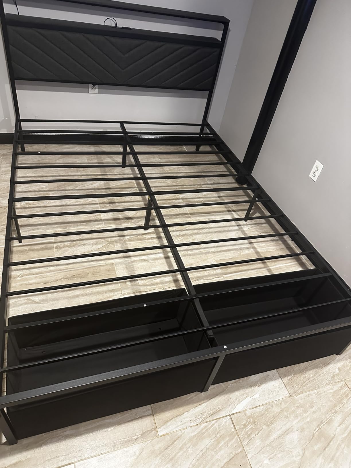 Fluest Queen Bed Frame with 2 Drawers, Upholstered Headboard with Storage and Charging Station, LED Lights, Fabric Drawers with Wheels, Under Bed Storage, No Box Spring Needed, Easy Assembly, Grey customer photo 2