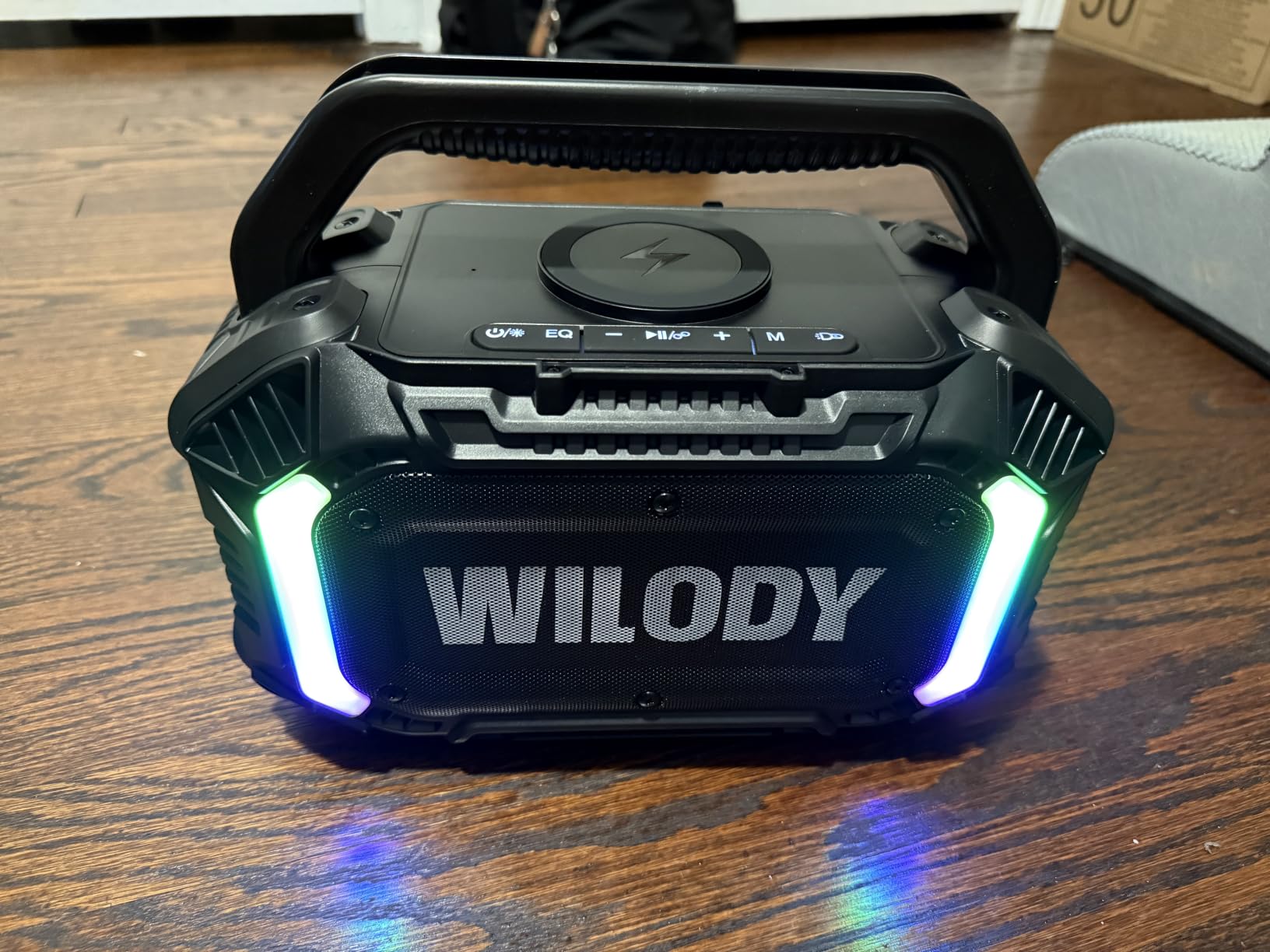 Wilody Speakers Bluetooth Wireless, 100W Loud Outdoor Speaker with Bass, IPX7 Waterproof Floatable, 20H Playtime, Wireless Charge, TWS, RGB Light, Portable Speaker for Work, Garage, Outdoor (Black) customer photo 1